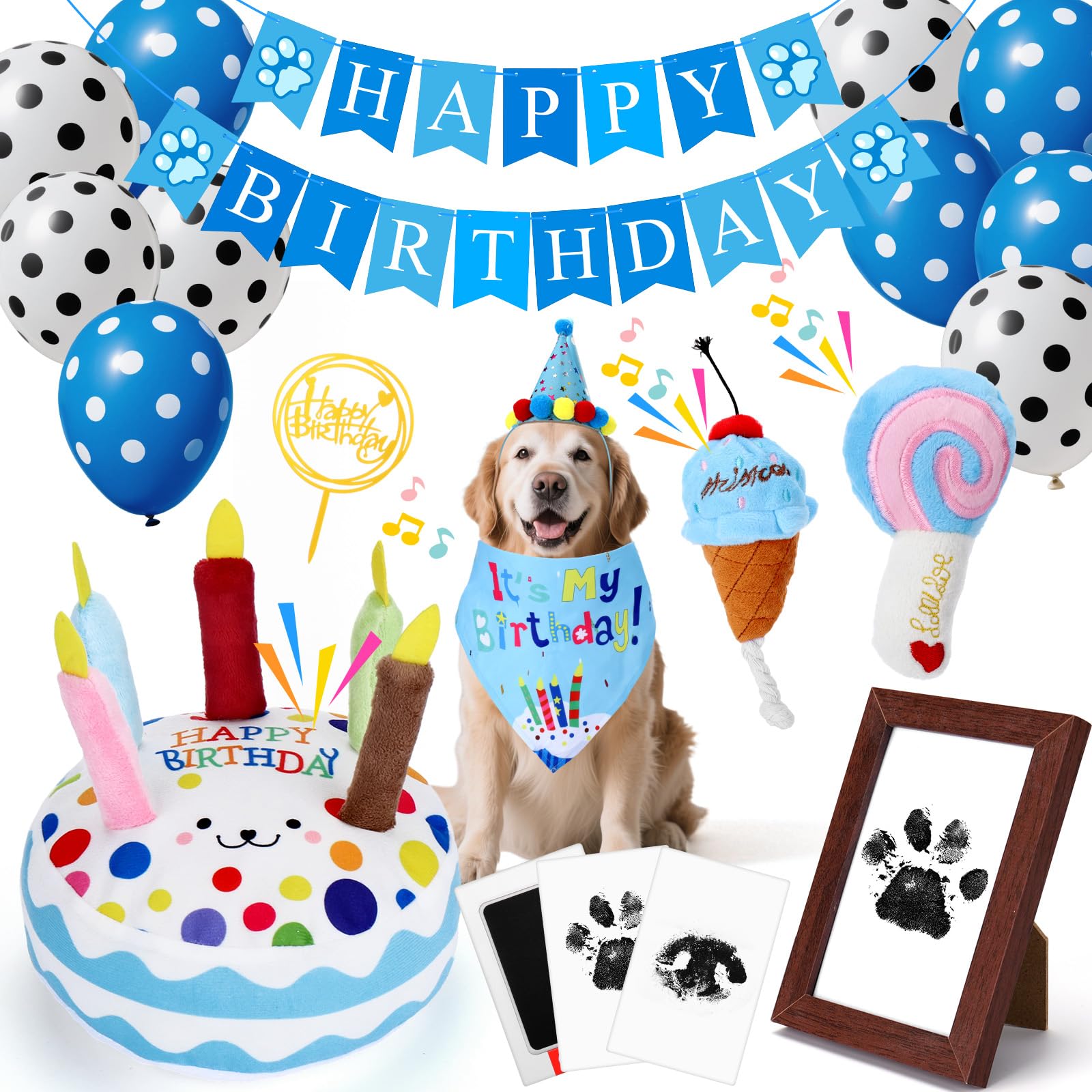 Mity rain 18PCS Dog Birthday Toy, Interactive Squeak Toys Gift Pack with Paw Print Kit, Birthdays Outfit, and Party Decora...