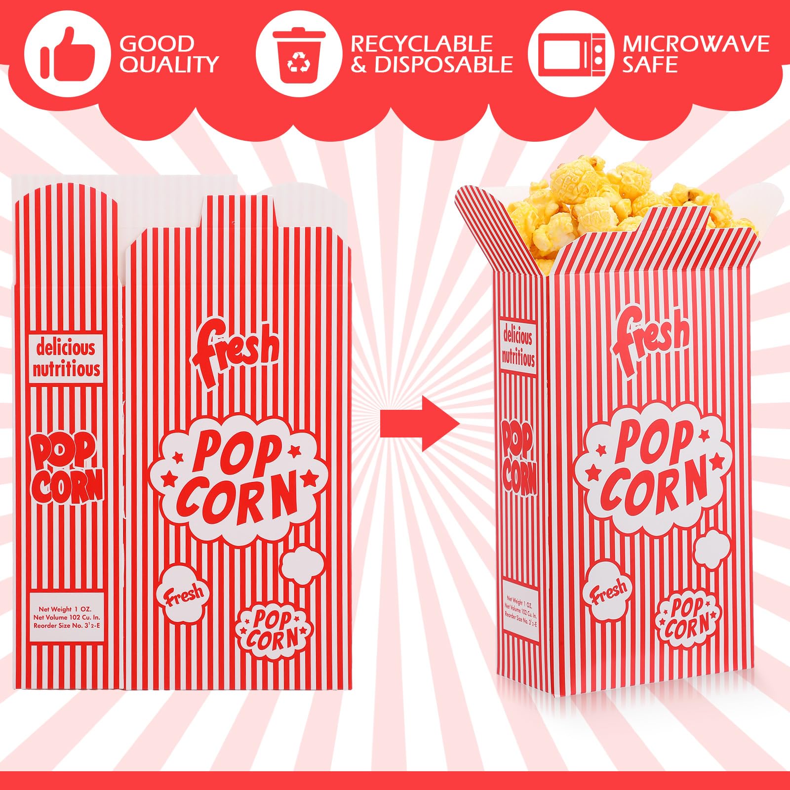 Ireer 200 cajas de palomitas de maíz para fiestas de películas a granel, contenedores de palomitas de maíz cerrados, cajas de papel a rayas rojas y blancas para máquina de palomitas de maíz, teatro,