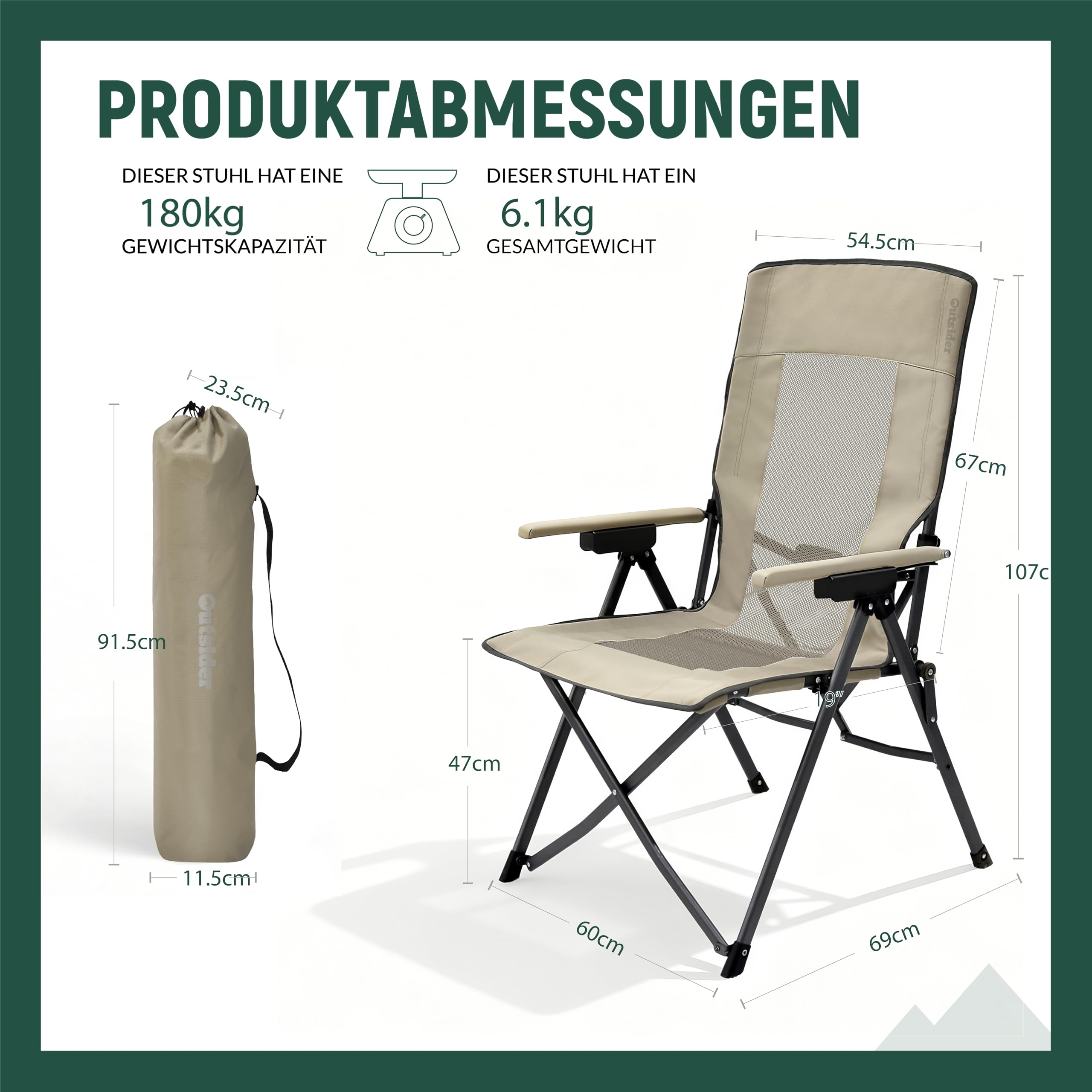 OUTSIDER Campingstuhl Klappbar Anglerstuhl Mit Verstellbarer Rückenlehne | 3-Fach Verstellbar Bis 150 kg, Atmungsaktives Netzgewebe, 600D Oxford, Tasche Für Camping, Angeln & Garten
