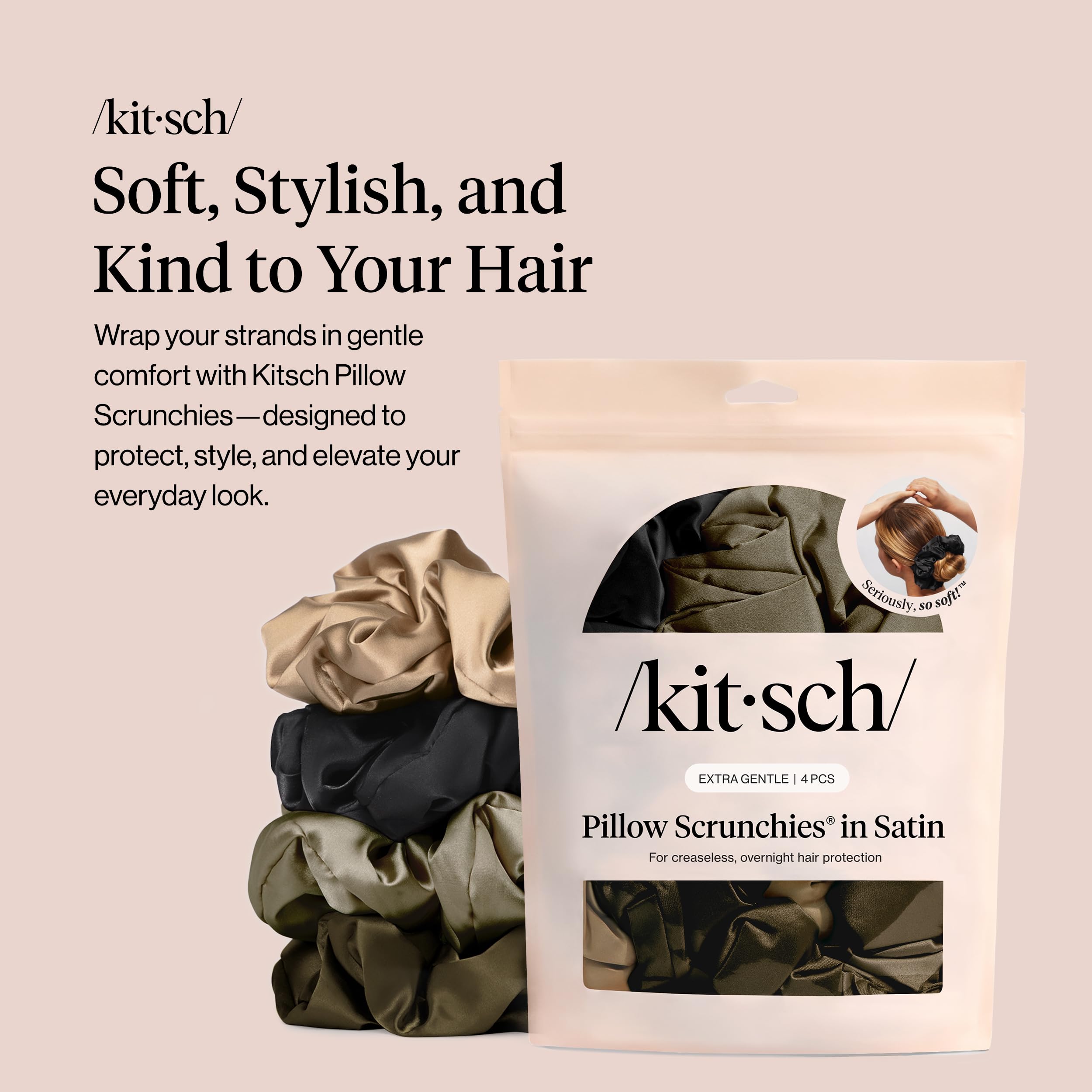 Kitsch Satynowe gumki do włosów dla kobiet, bez uszkodzeń, bez zagnieceń, akcesoria do włosów, idealne na dzień i noc, idealne prezenty dla kobiet, 4 szt