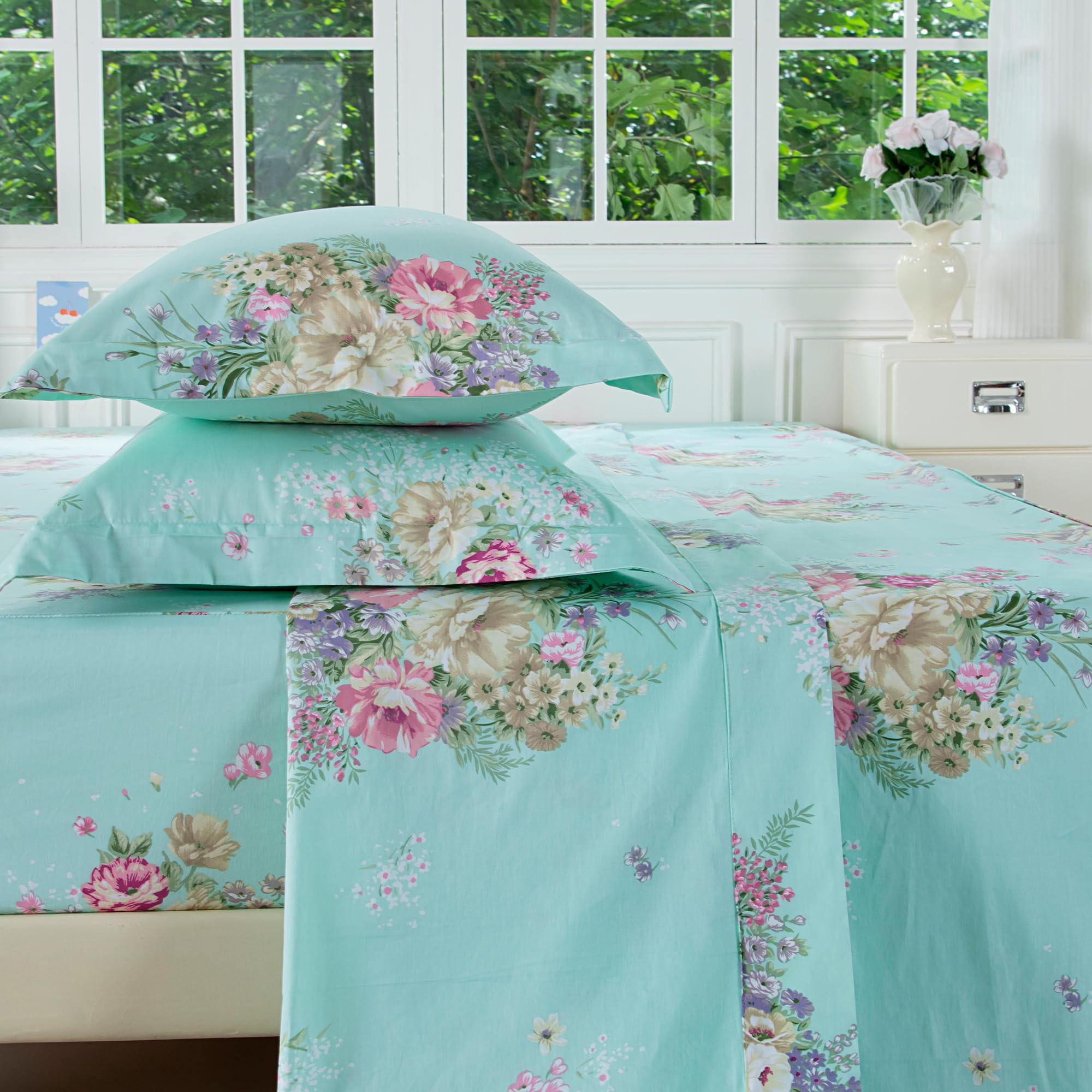 FADFAY Shabby Green Floral Bed Sheet Set Twin XL Cotton Sheets 4-Piece Twin Extra Long Size