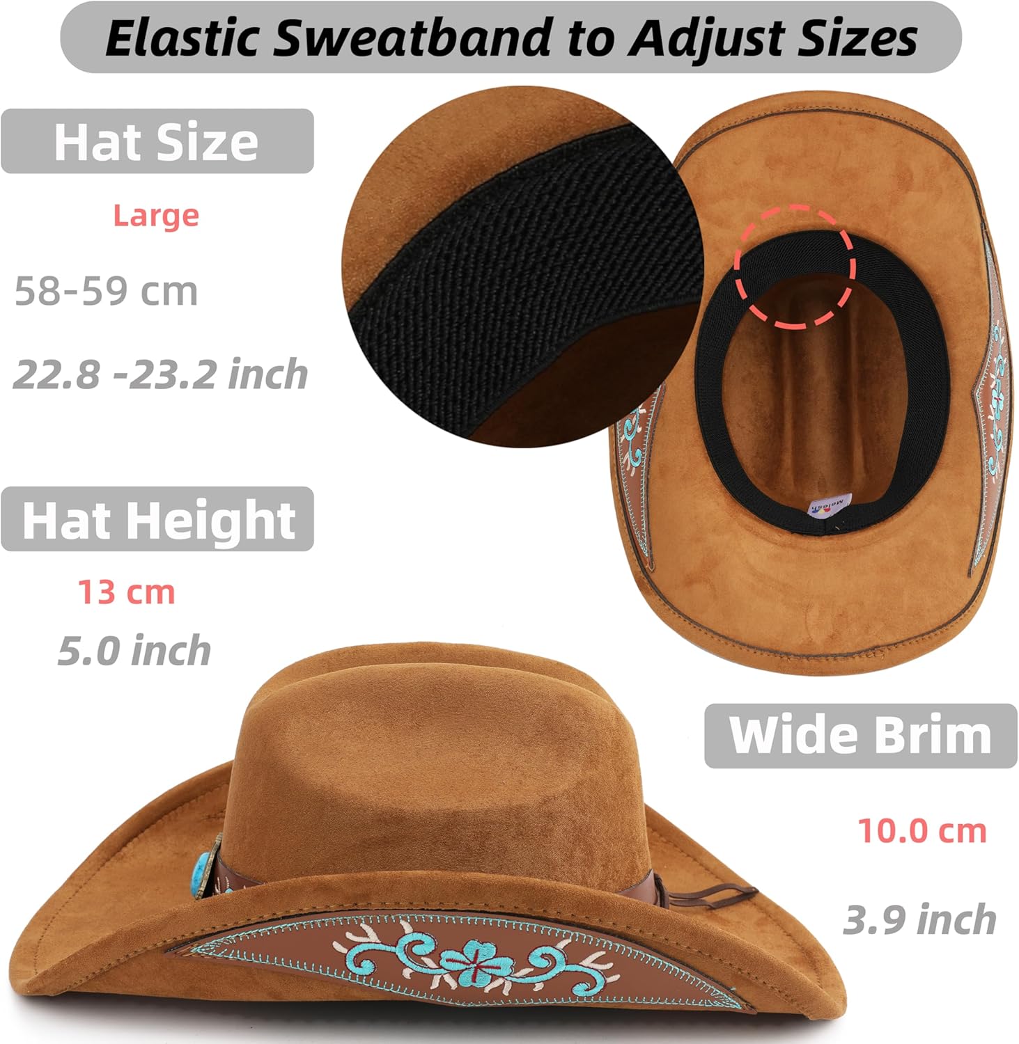 Western Cowboy Hat for Men and Women, Shapeable Big Wide Brim Cowgirl Hat with Embroidery - Image 5