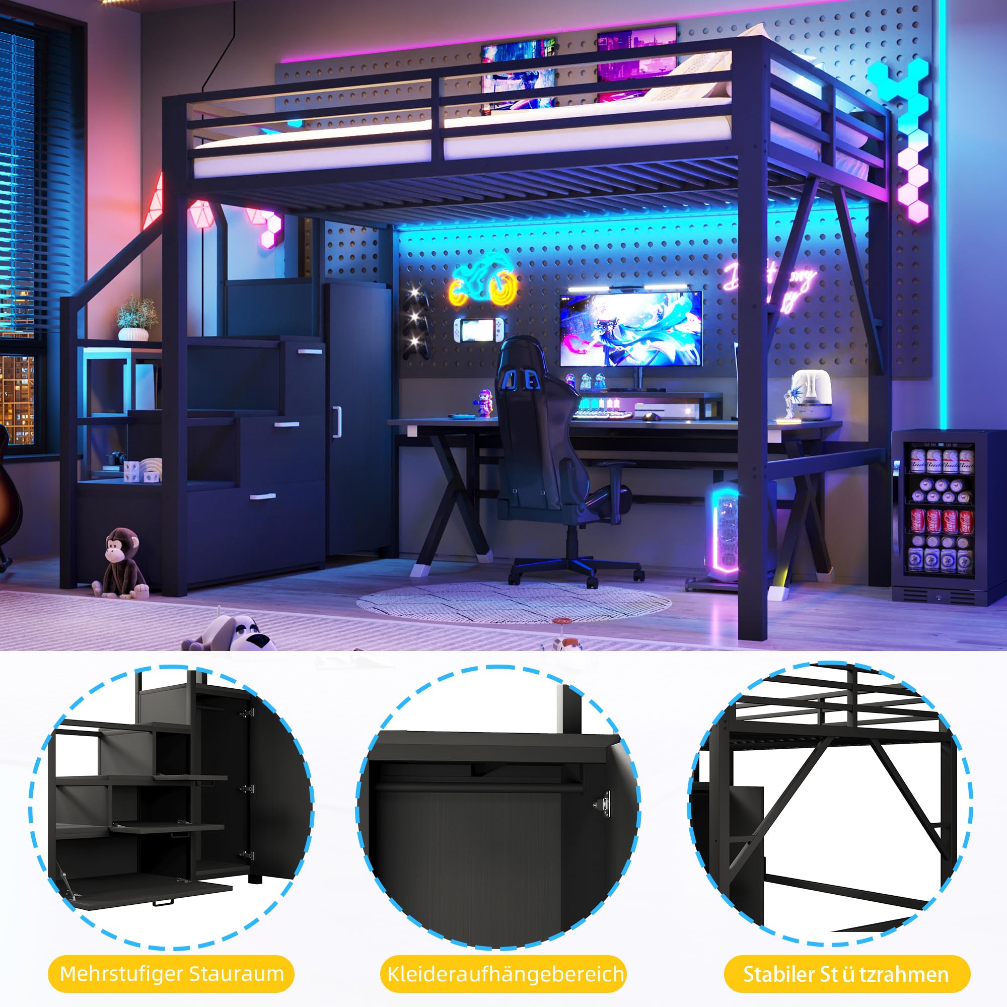 BTM Metall Gaming Hochbett 140x200 mit Kleiderschrank & LED Beleuchtung Hochbett Jugendliche mit Stauraum Treppe, Schwarz