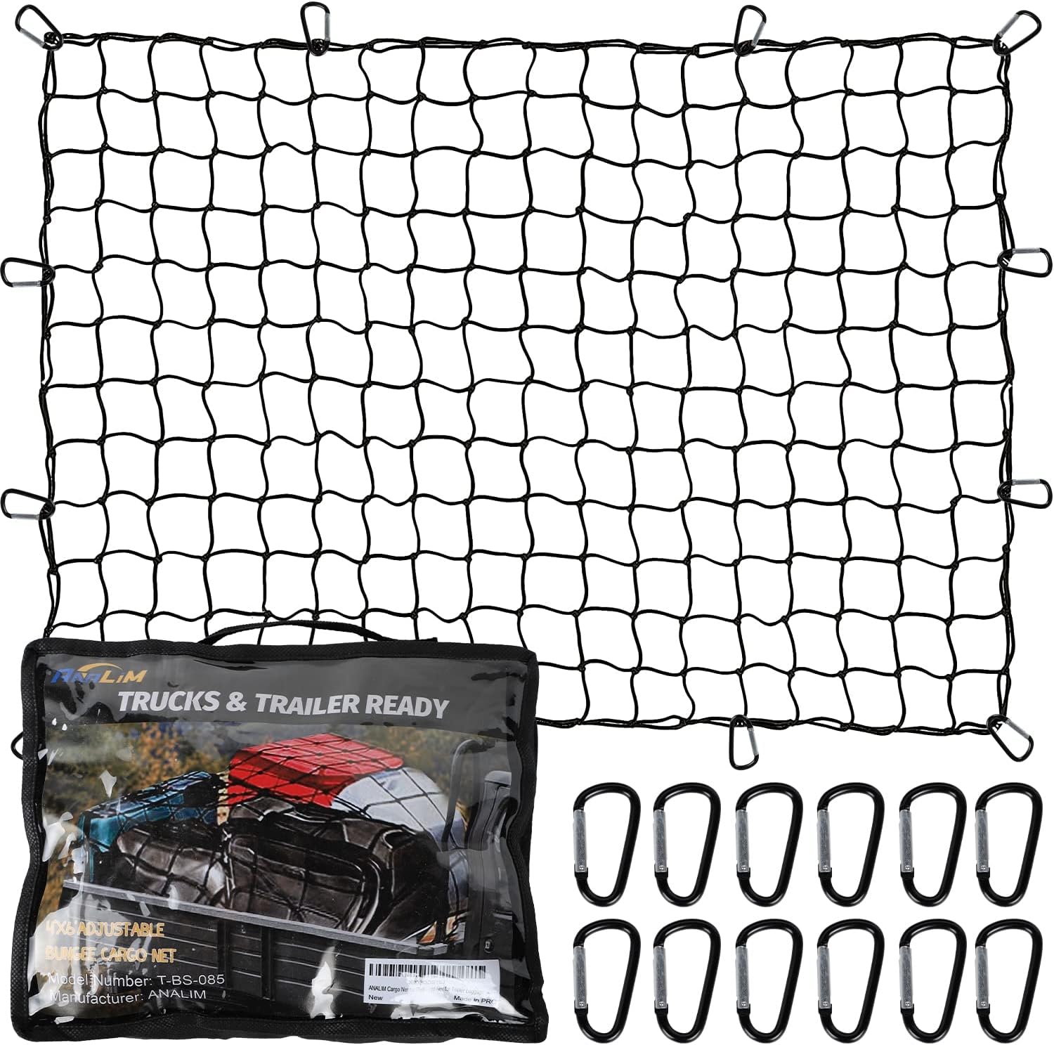 ANALIM Cargo Net for Pickup Truck Bed, 4' x 6' Stretches to 8' x 12' Heavy Duty Bungee Cargo Net with 12 Pcs Metal Carabiner Clips, Tie-Down Mesh Cord Net for Trailer Luggage