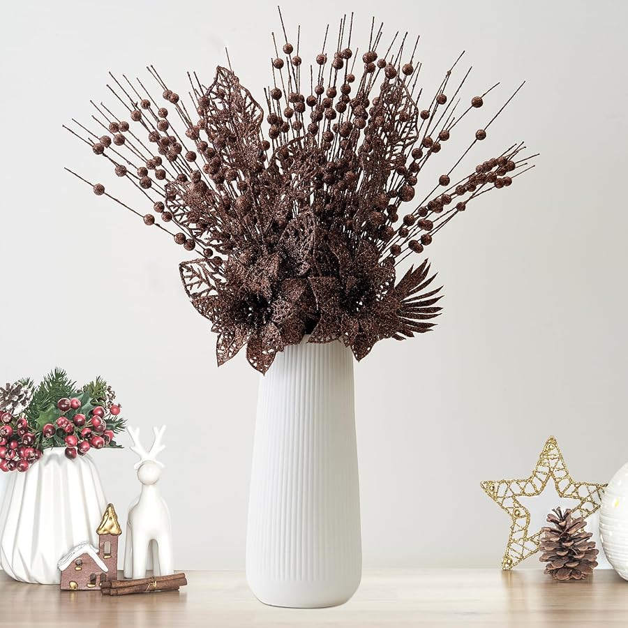 CristBest 24 Pack Christmas Tree Ornaments - Artificial Flowers Glitter Berry Stems Christmas Floral Picks Branches for Xmas Tree Decorations Vase Filler Holiday Wedding Party Home Decor (Brown) - image 4