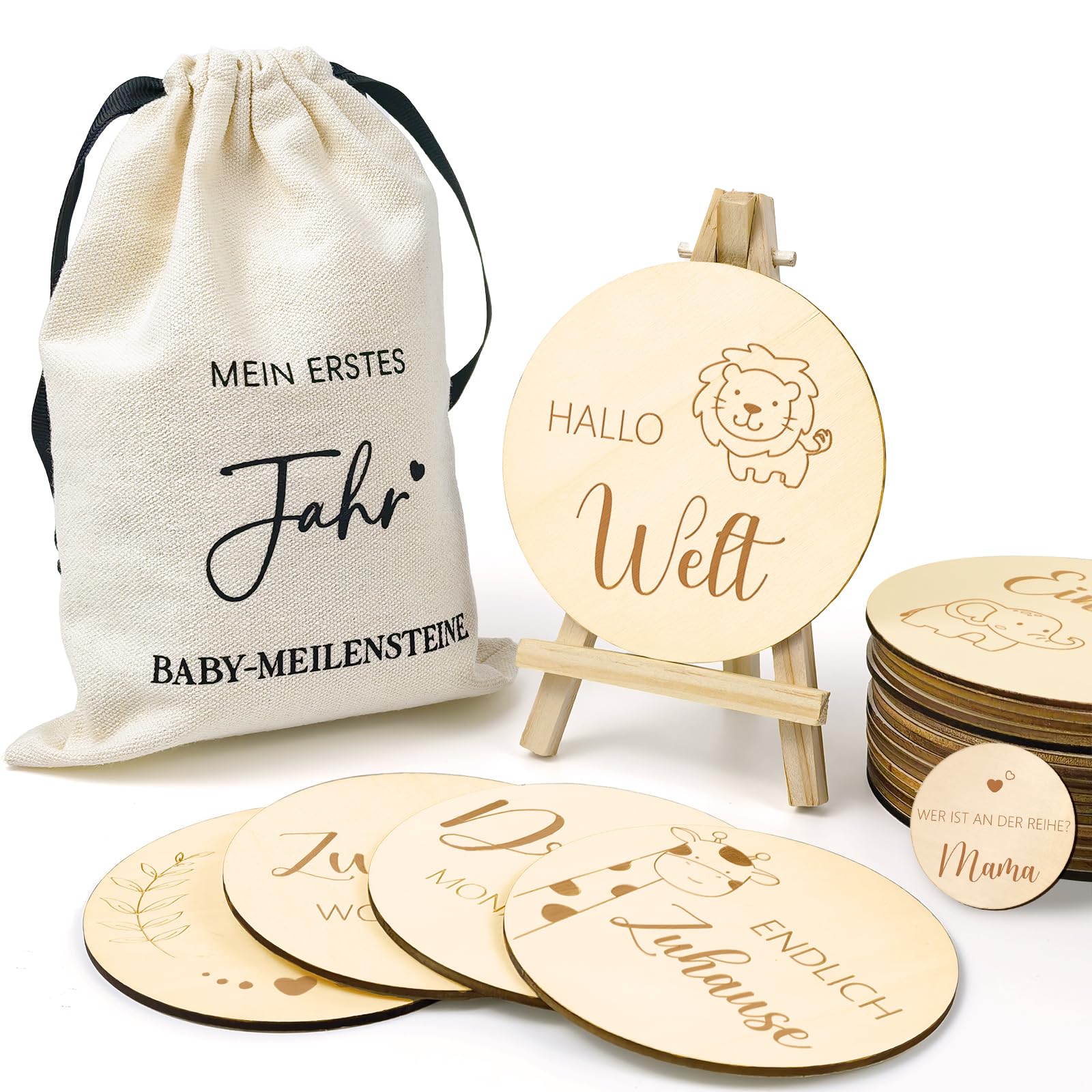 30 Meilensteinkarten Baby Holz, Meilensteine auf Holzscheiben Geschenk zur Baby Erstausstattung Neugeborene,Werdende Eltern, mit Präsentationsständer Stofftasche - MEIN ERSTES JAHR BABY-MEILENSTEINE