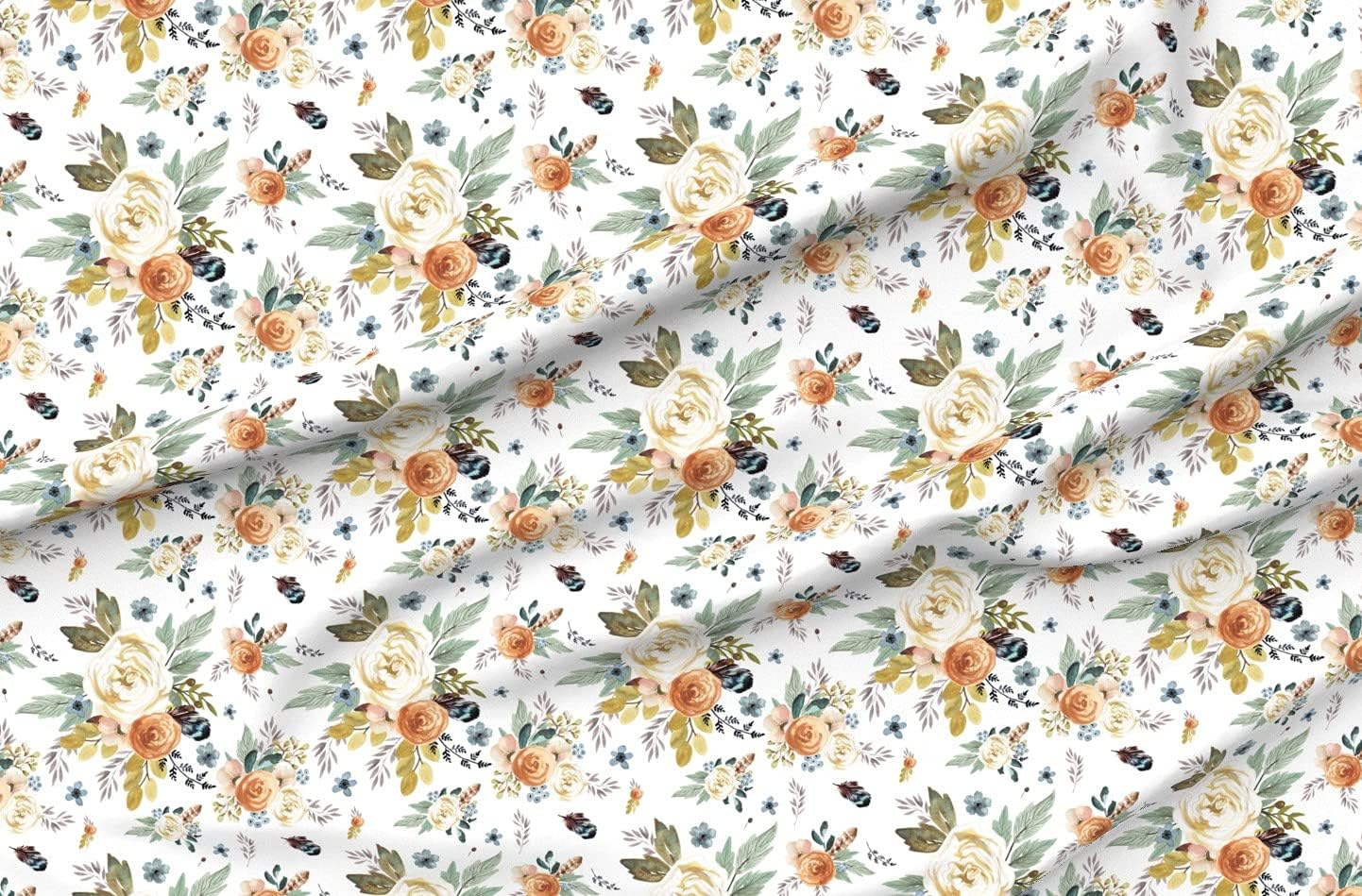 Spoonflower Fabric - Western Autumn Florals White Floral Flowers Boho Woodland Feathers Printed on Petal Signature Cotton Fabric Fat Quarter - Sewing Quilting Apparel Crafts Decor