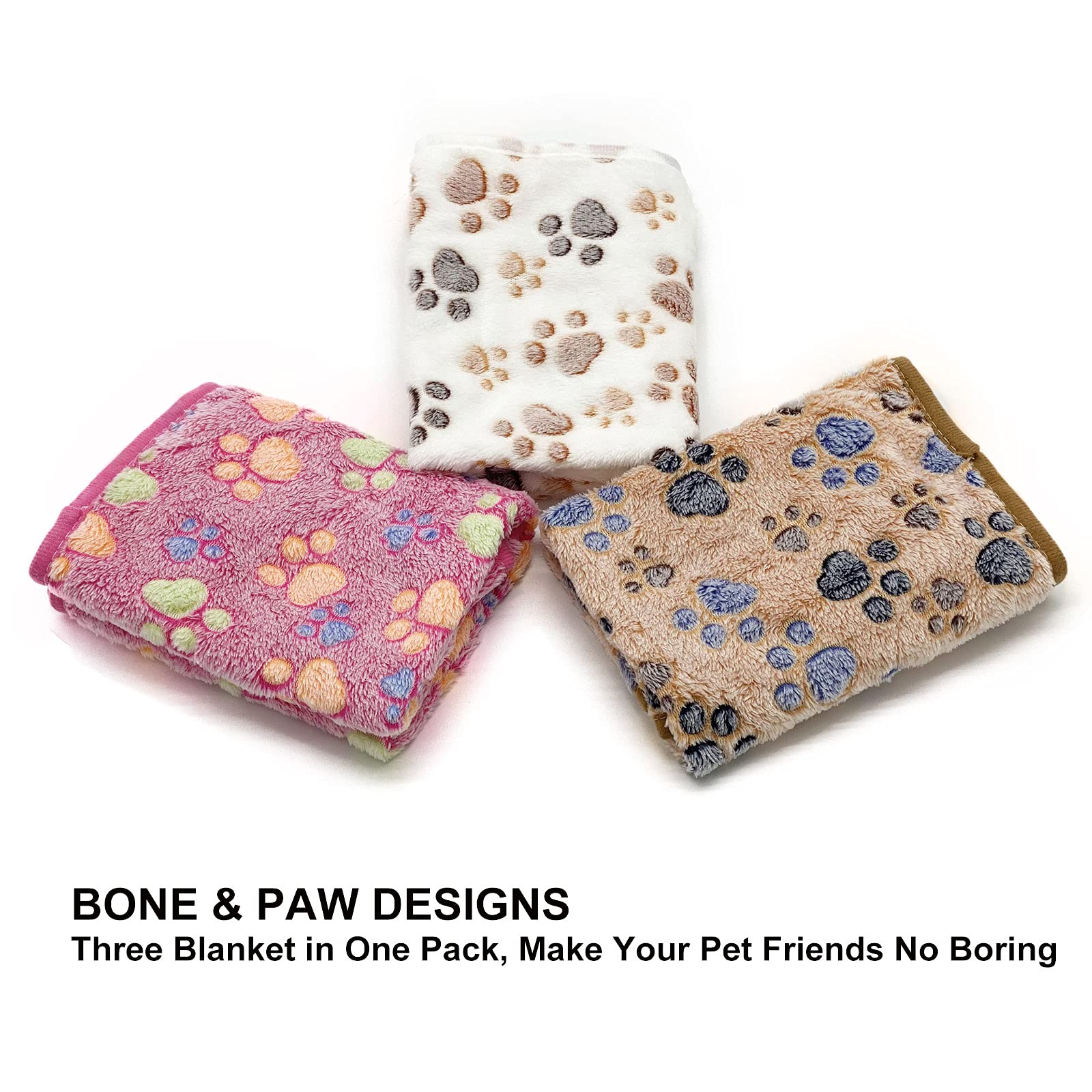 SORKUT 1 paquete de 3 mantas para cachorros, súper suaves y cálidas, manta de franela de forro polar de alta calidad para perros, cachorros, gatos, estampado de patas, beige/rosa/marrón, tamaño
