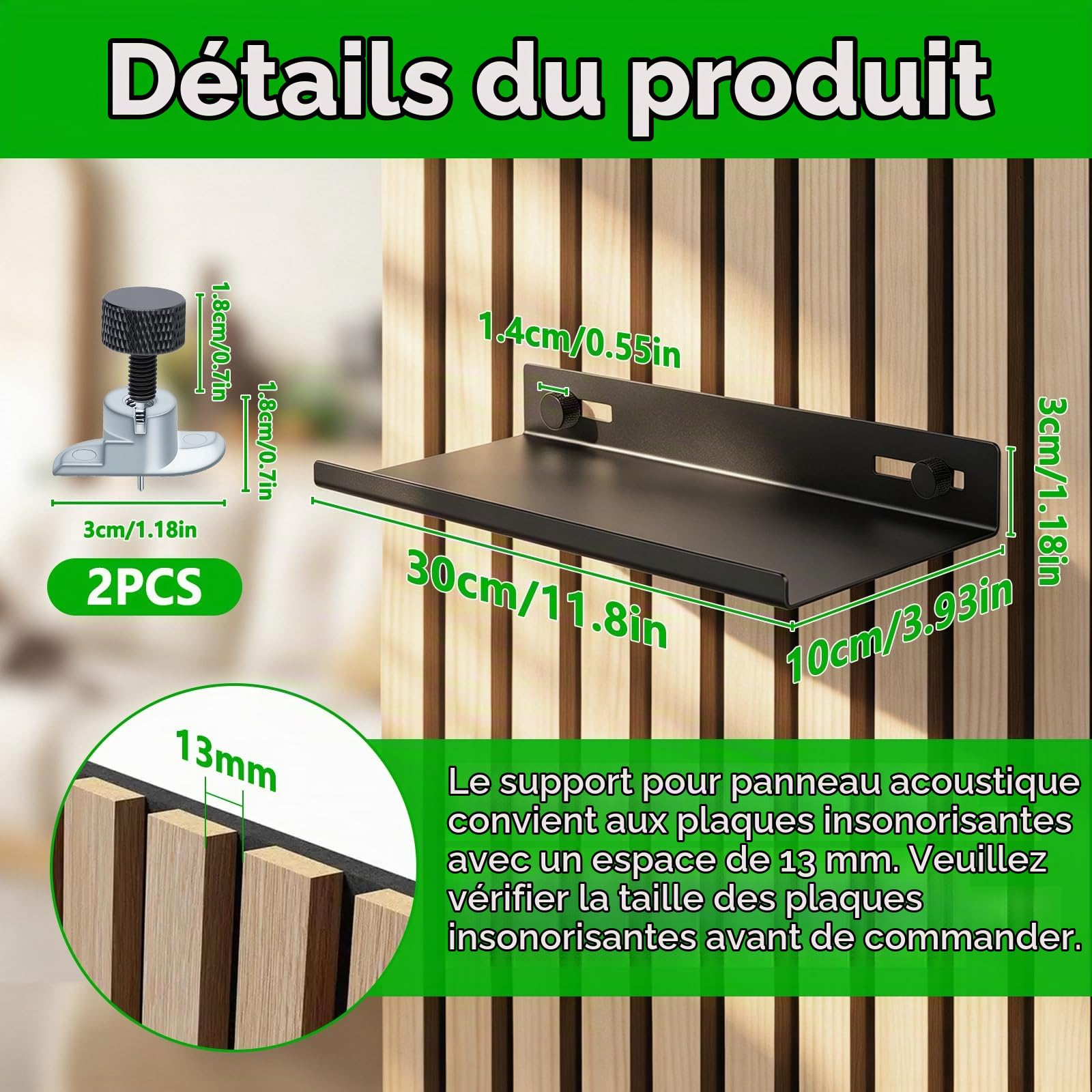 Hysagtek Lot de 1 étagères pour Panneau Acoustique - Accessoires en métal - Panneaux acoustiques sans perçage - Étagère Flottante Noire pour Salon, Chambre à Coucher, Bureau (30 x 10 cm)