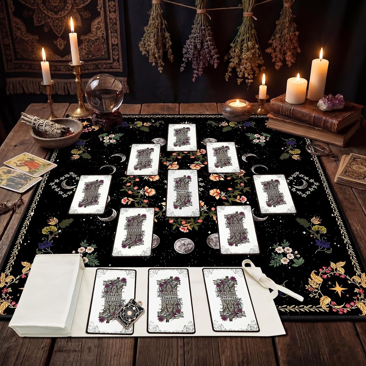 Knana Velvet Moon Phase Altar Cloth Tarot Mat for Card Reading | Soft velvet altar cloth as tarot mat for card reading|Floral moon‑phase print|Soft fabric shields tarot card from scratches