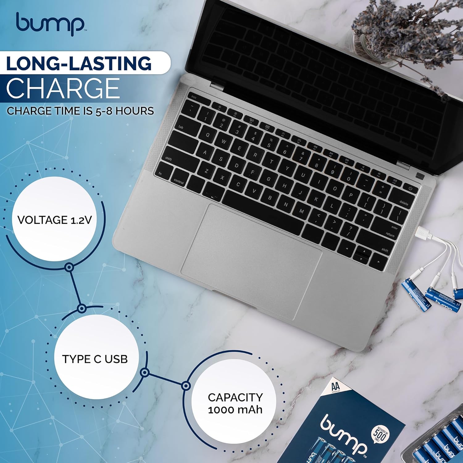 bump NiMH AA Rechargeable Batteries 1.2V - 10 Pack Long-Lasting and Versatile (1000mAh), 4-in-1 USB-C Charging Cords Included - Ideal for Solar Lights, Keyboards, Remote Controls and Xbox Controllers