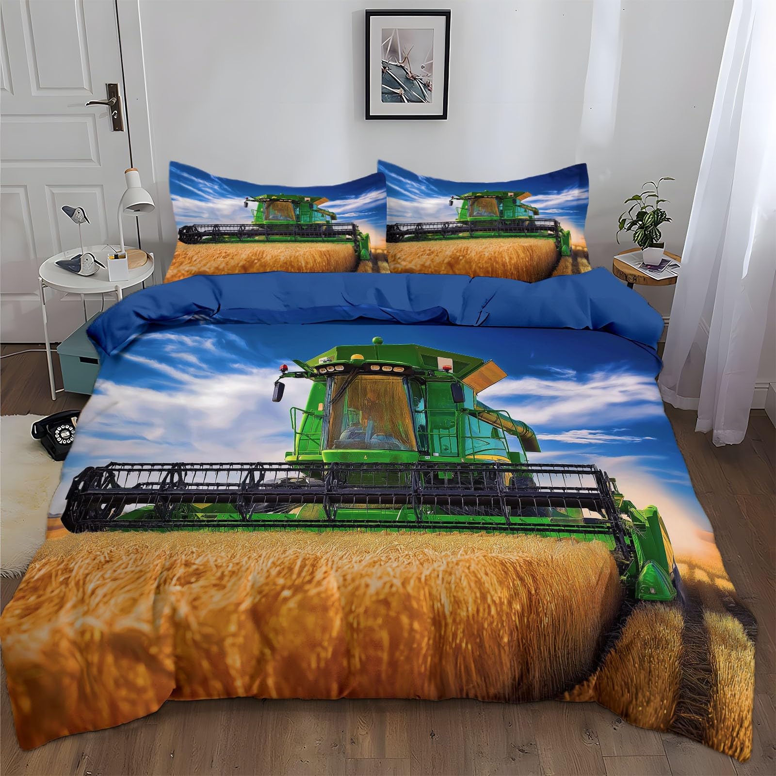 Pościel z kombajnu zbożowego, ryż, 180 x 200 cm, 3-częściowa, z poszewkami na poduszki 80 x 80 cm, poszewka na kołdrę z mikrofibry z zamkiem błyskawicznym, miękka, niebieska, poszewka na kołdrę nadaje