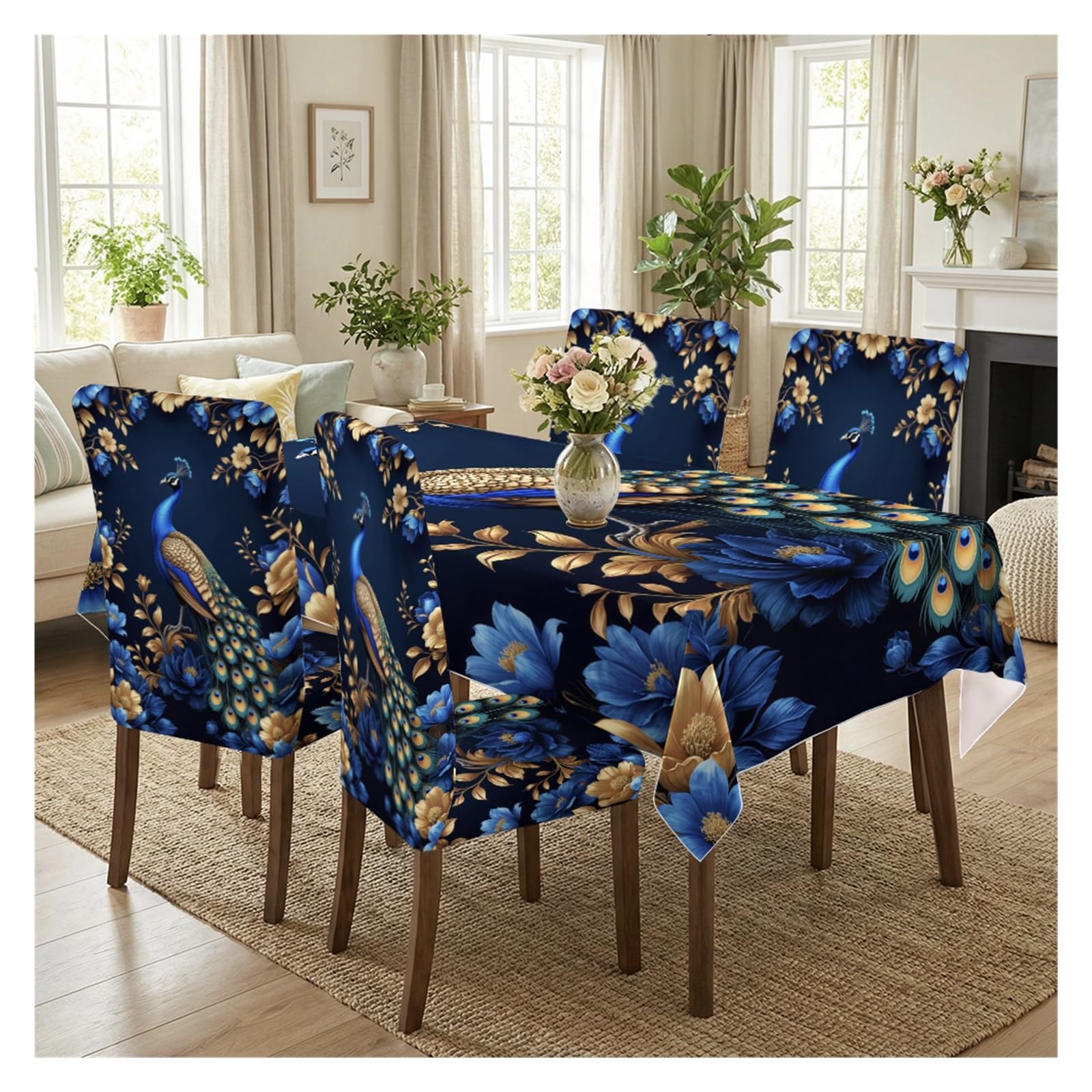 KXUAUV Luxurious Peacock Floral Print Stretch Dining Chair Covers & Tablecloth Set, 5/7 Pack Party Decor(5pcs Set: Tablecloth+Chair Covers)