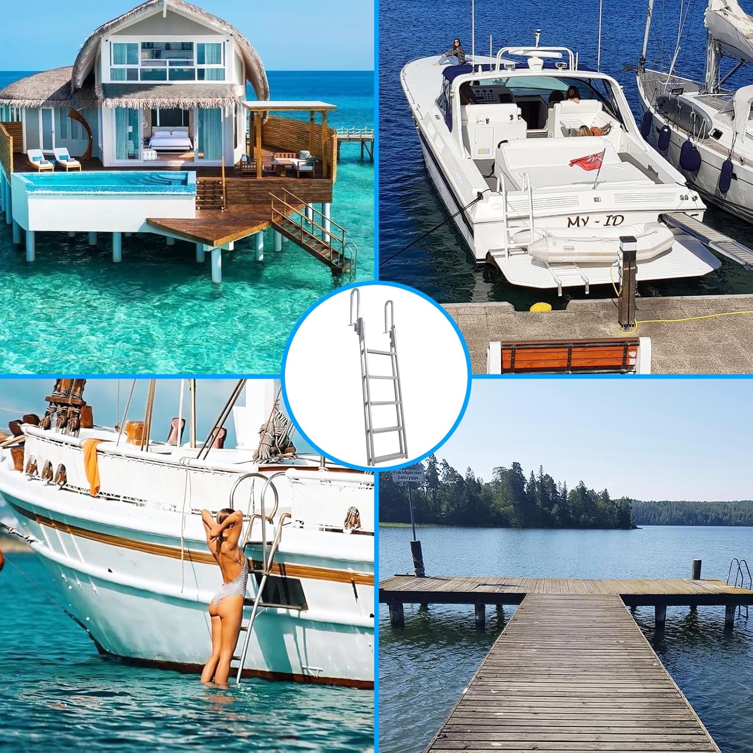 Flip Up Dock Ladder 4/5 Steps,Pontoon Boat Ladder with Anti-Corrosion 6063 Aluminum & Upgraded Widen Nonslip,350lbs Marine Pontoon Boat Dock for Lake/Pool/Boarding/RV (5-Steps)