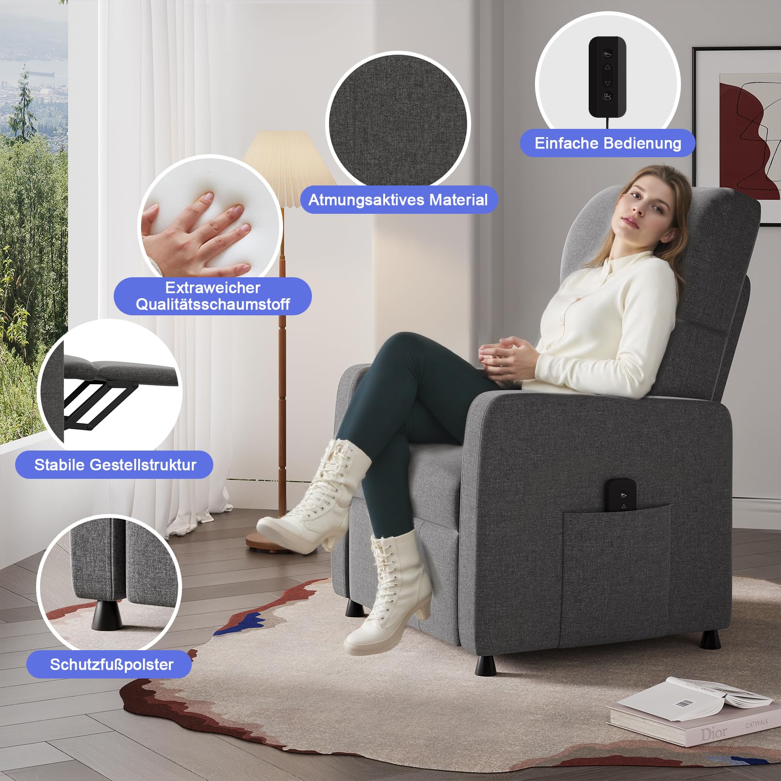 JUMMICO Relaxsessel Fernsehsessel Liegesessel mit Liegefunktion Elektrisch Verstellbarer Einzelliegesessel aus Leinenstoff für Wohnzimmer Schlafzimmer Heimkino (Grau)
