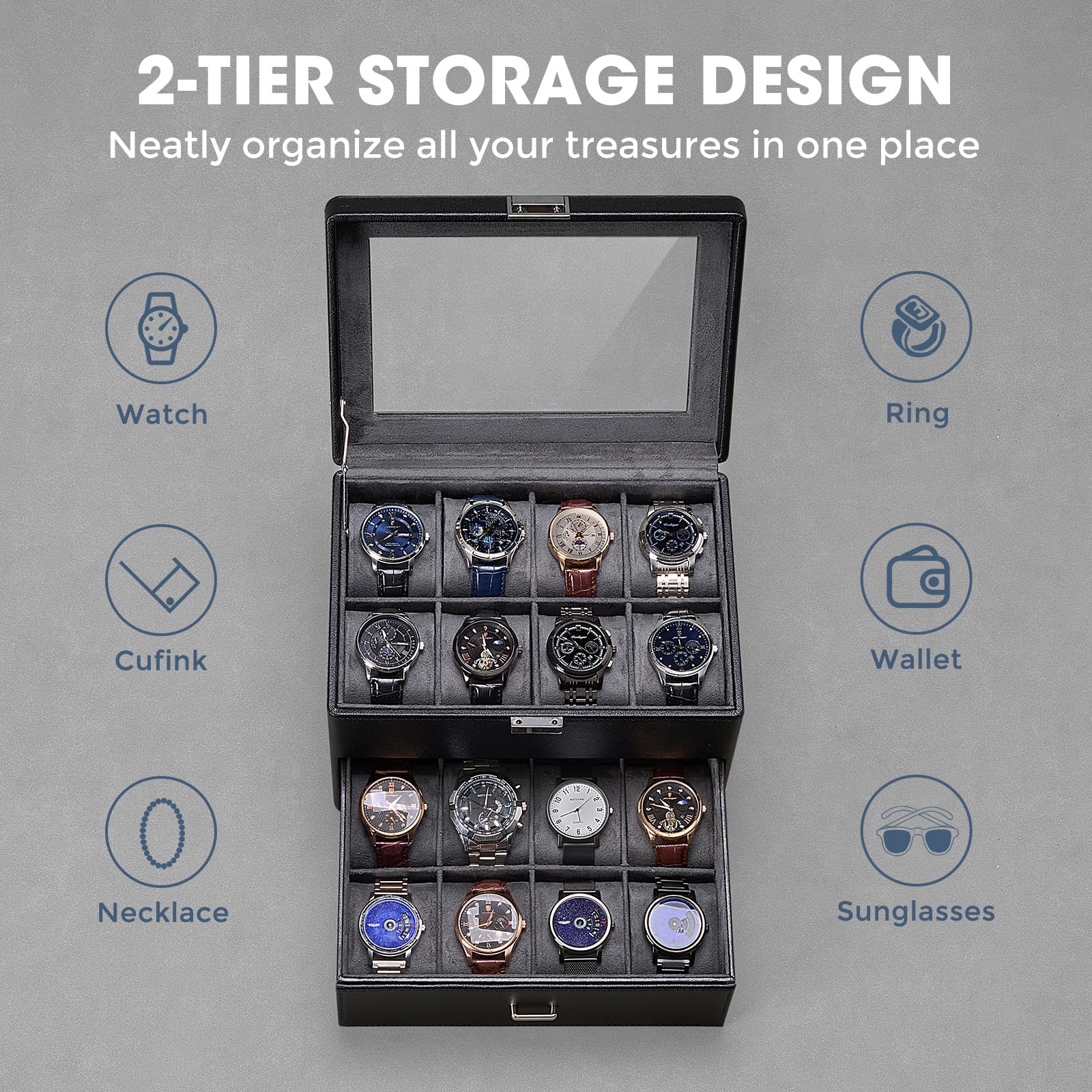 Caja para Relojes para Hombre, Organizador de Joyas con cajón, Estuche de exhibición con Tapa de Cristal - Negro, 16 Ranuras