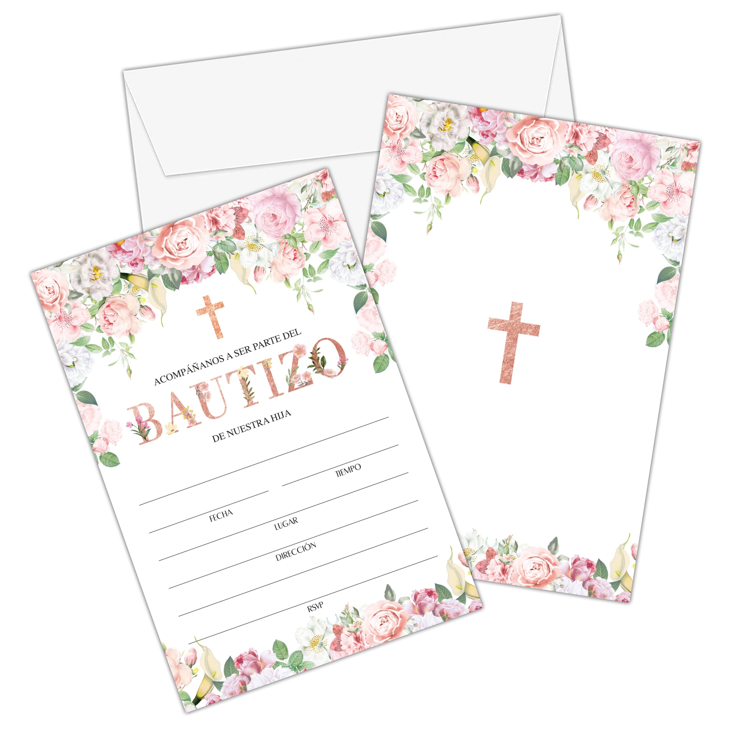 Blush Pink Floral Christian Baptism Invitations with Envelopes - Rose Gold First Holy Communion Invitations for Girls - Christening, Baby Dedication,