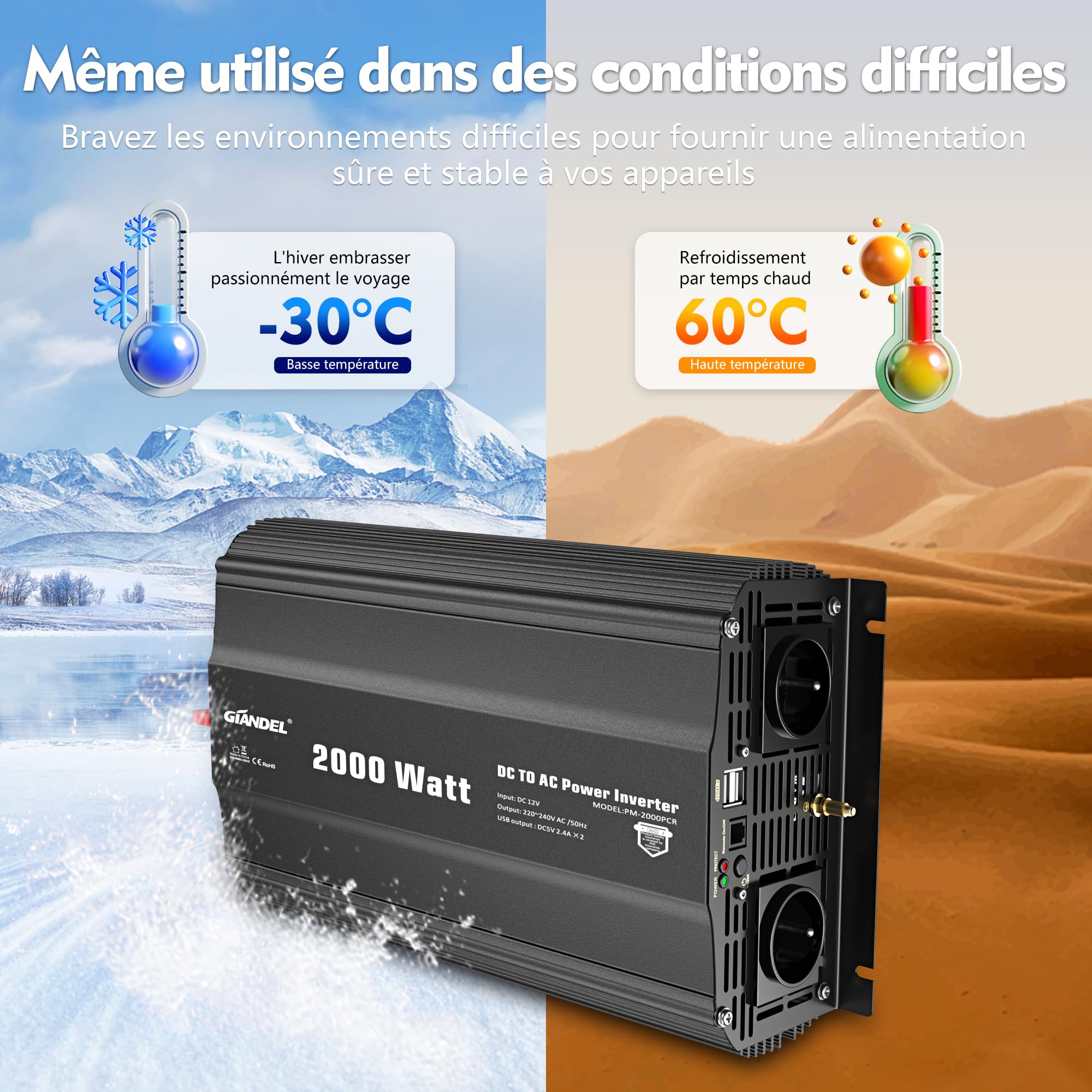 GIANDEL 2000W Convertisseur 12V 220V Onduleur à Onde Modifiée Transformateur Compatible Lithium-Batteries, avec Télécommande pour Voiture, Caravane, Bateau, Camping, Voyage - Version Noire