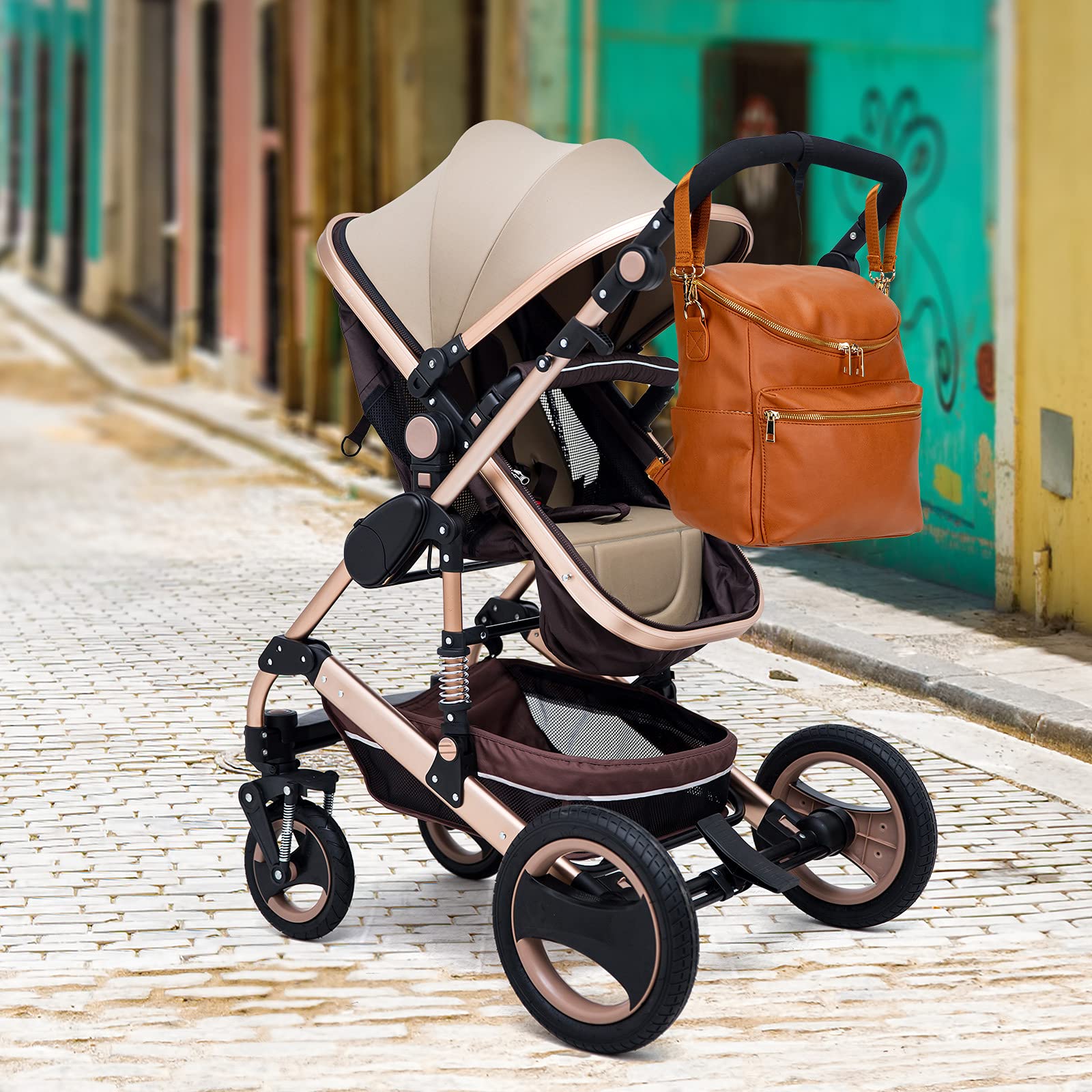 Minsong Mochila para pañales, mochilas de piel sintética de moda para mamá, bolsas de pañales de viaje para bebé con organizador en la bolsa y cambiador