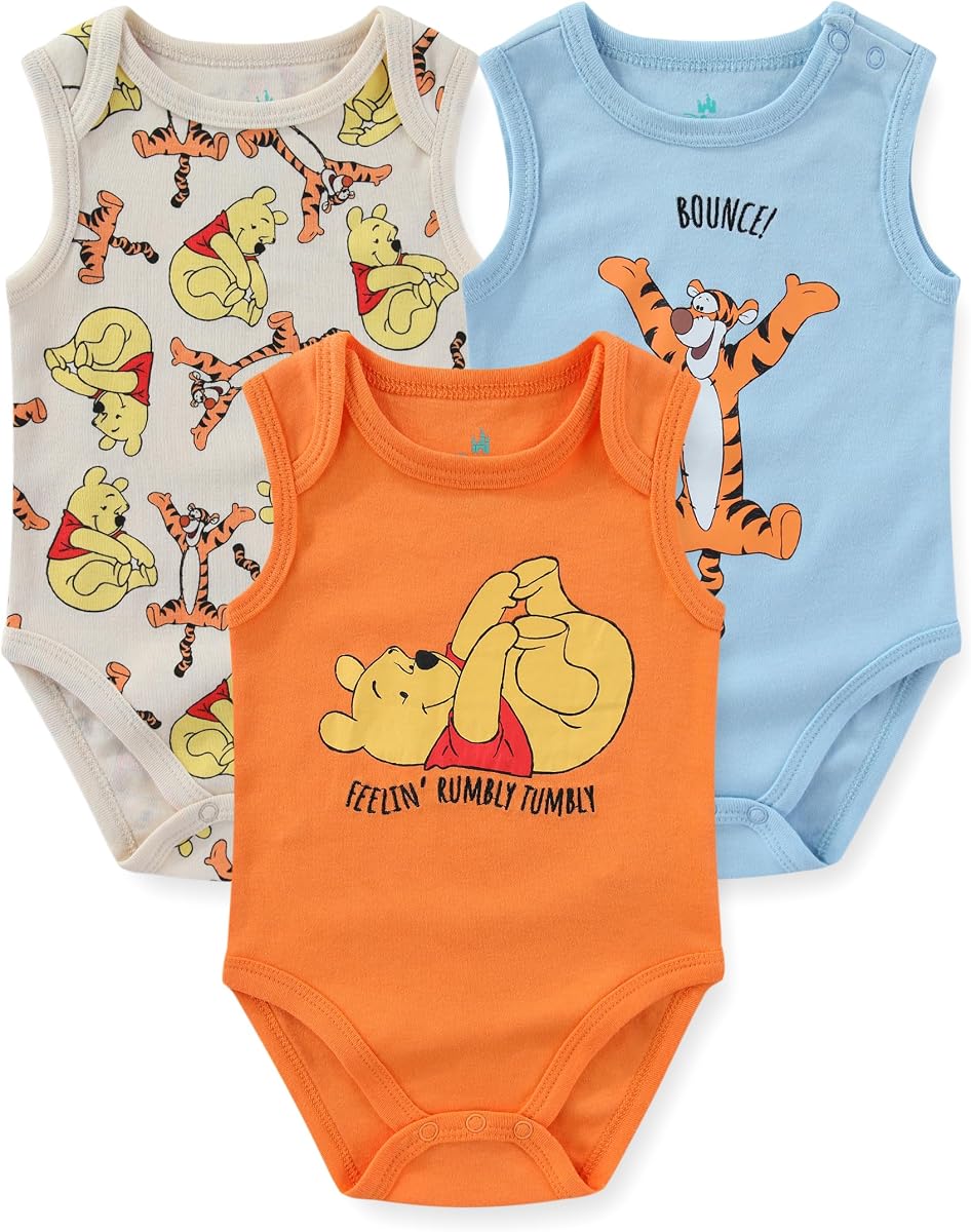 Winnie the Pooh Tigger Baby Boys 3 Pack Sleeveless Bodysuit for Newborn and Infant