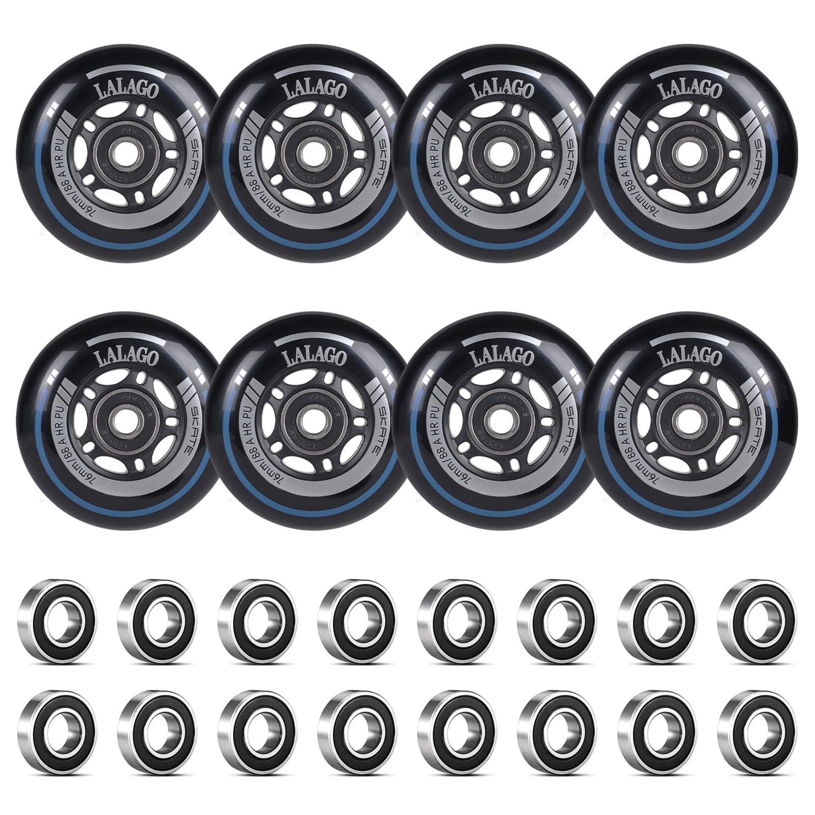 LALAGO Roues de Rollers en Ligne 76mm, Lot de 8 Roues de Patins à Roulettes de Rechange Avec Roulements ABEC 9, 88AHRPU, pour K2 Hudora Gonex Apollo