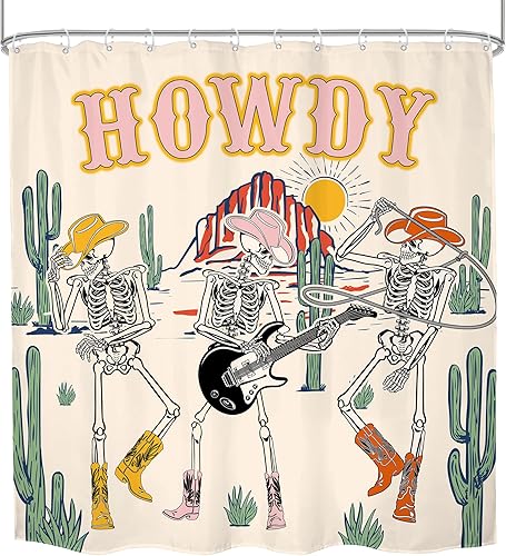 Miniatura 2 de Cortina de ducha de calavera de vaquero occidental, divertida cortina de ducha de esqueleto retro vaquera Texas Howdy Funky Groovy Wild West Desert