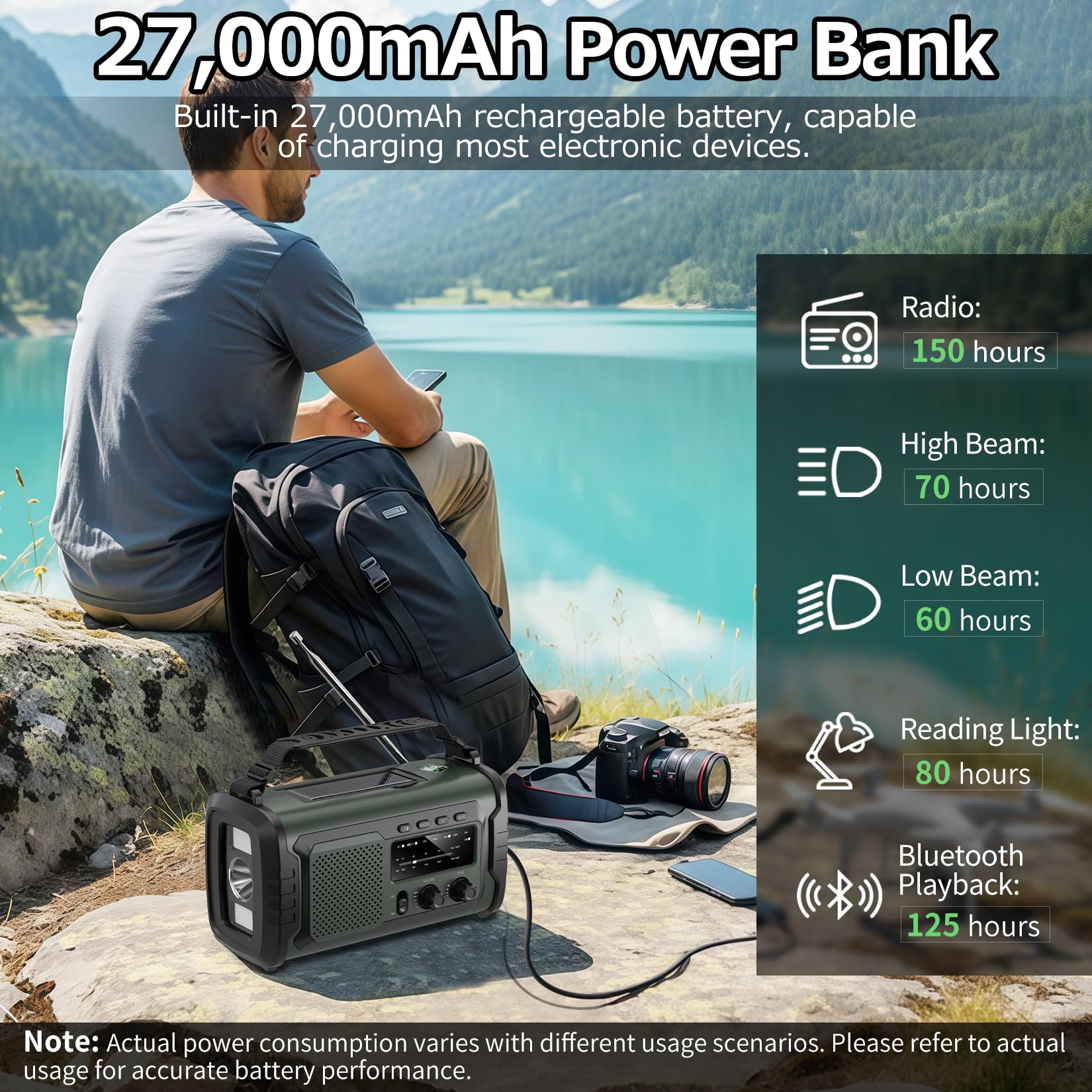 27000mAh Radio Survie, FM/AM Radios Solaire Survie avec Bluetooth 5.1/Alarme SOS/Boussole/Lampe De Poche, Radio Dynamo pour La Préparation en Plein Air Aux Catastrophes Naturelles