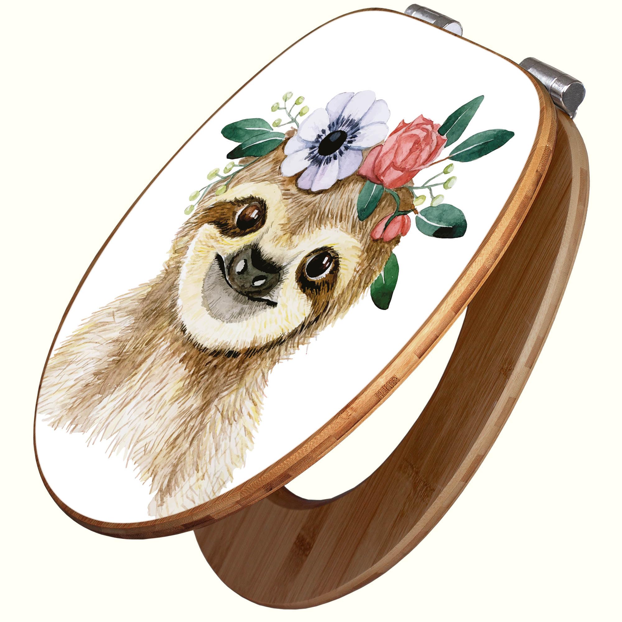 banjado Design WC Sitz Bambus Absenkautomatik 45,8x37,5cm - Toilettendeckel mit Absenkautomatik Holz - hochwertiger Bambus Klodeckel - WC-Sitz für gängigen Toiletten - Motiv Fröhliches Faultier mit Bl