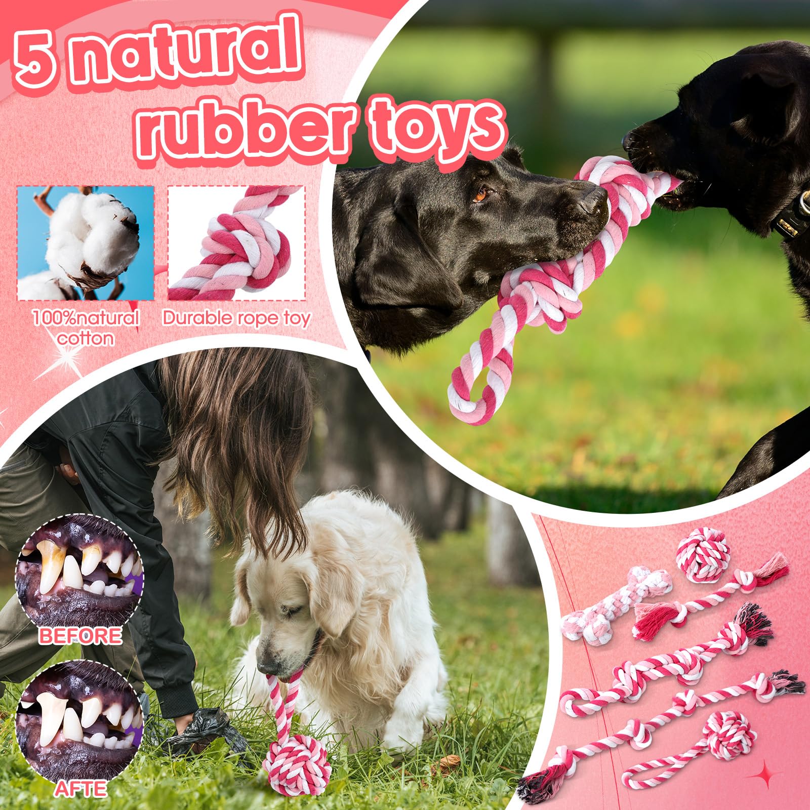 Vinsot Kauspielzeug für große Hunde für aggressive Kauer, rosa Hunde, Zahnspielzeug mit Zahnseil, Quietschbälle und Kauknochen, für mittelgroße und große Rassen, 12 Stück