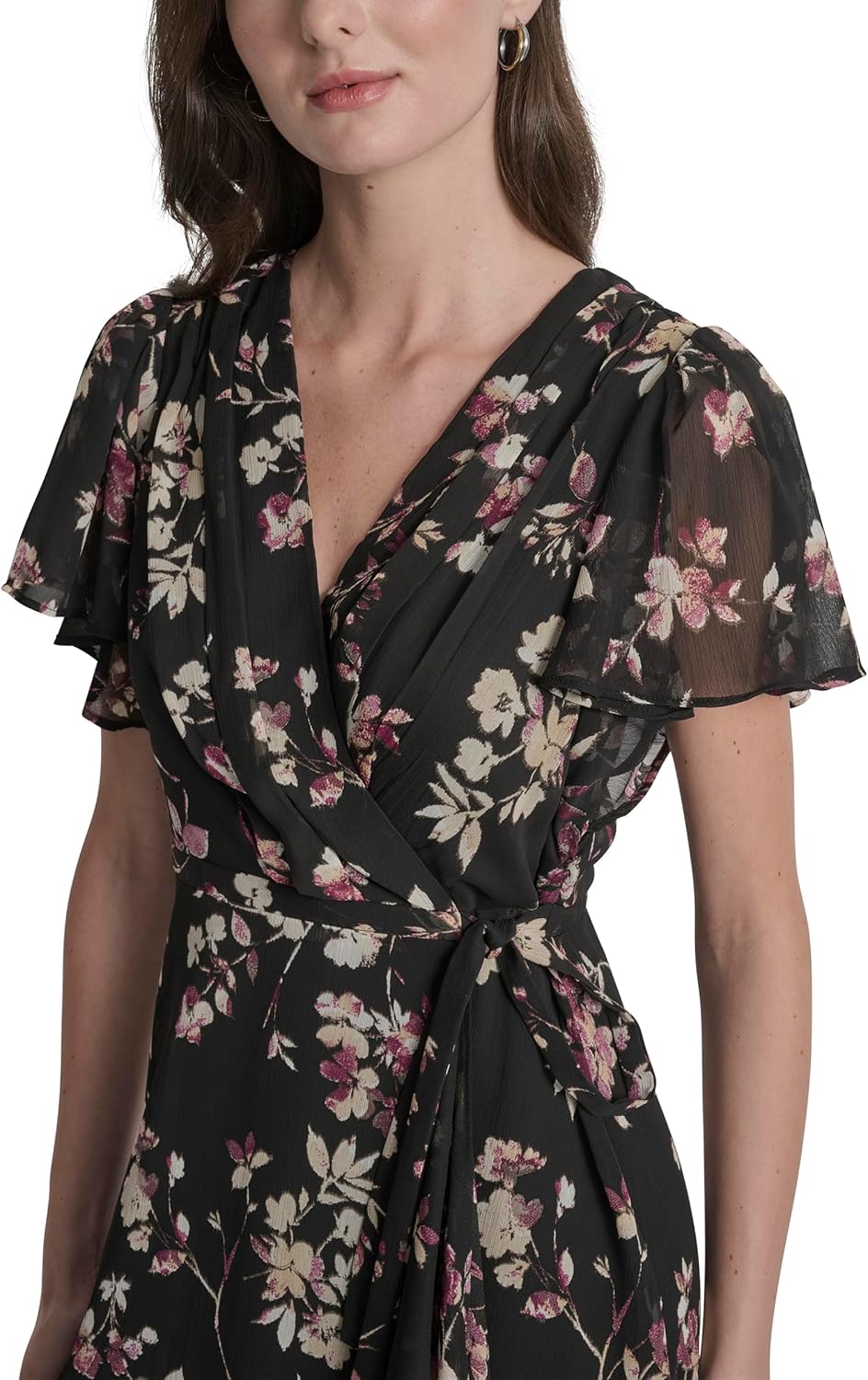 DKNY Women's Cap Sleeve Surplice Neck Side Tie Faux Wrap Midi Dress