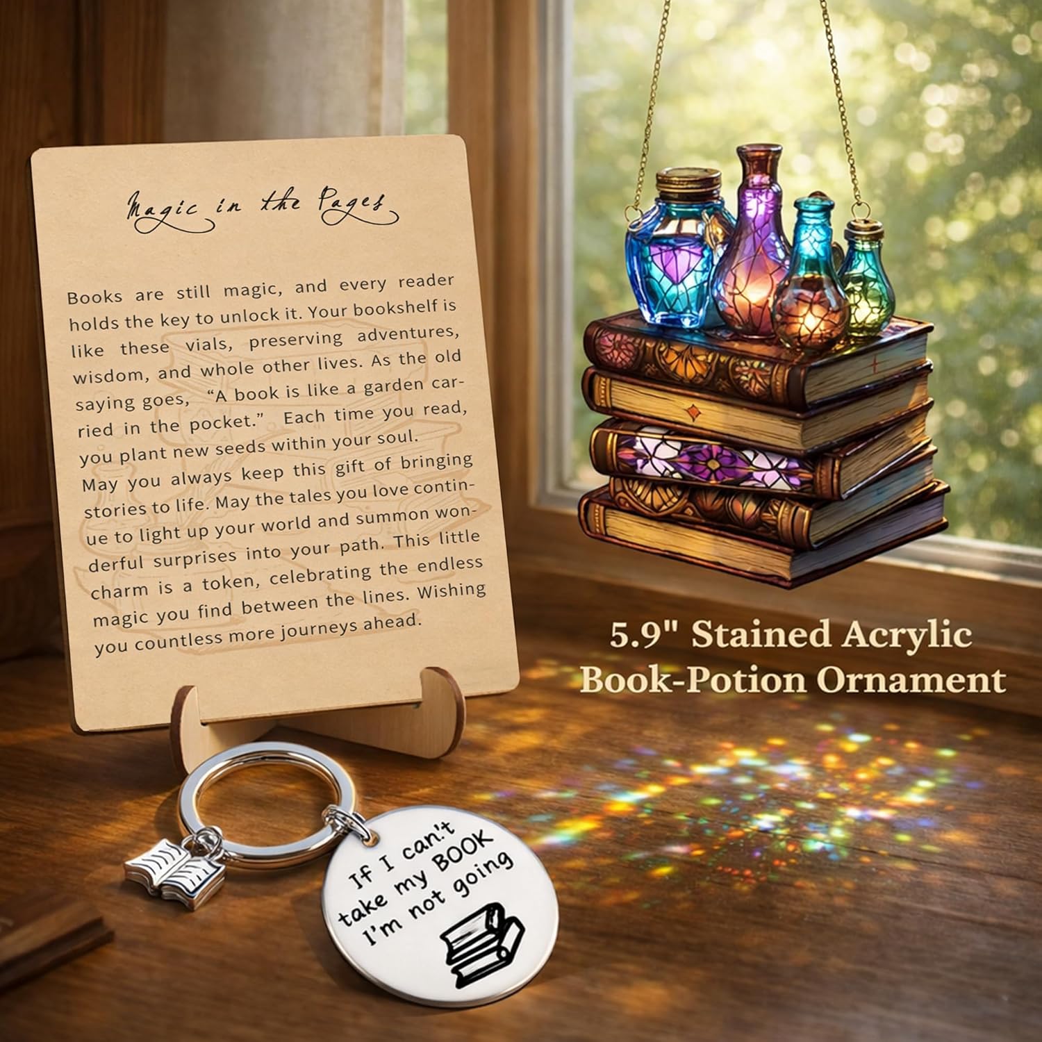 Book & Potion Suncatcher, Fantasy Book Acrylic Ornament for Book Lovers, Faux Stained Glass Window Hanging, Unique Gifts for Women Readers, Book Decor and Accessories (Book) - Image 4