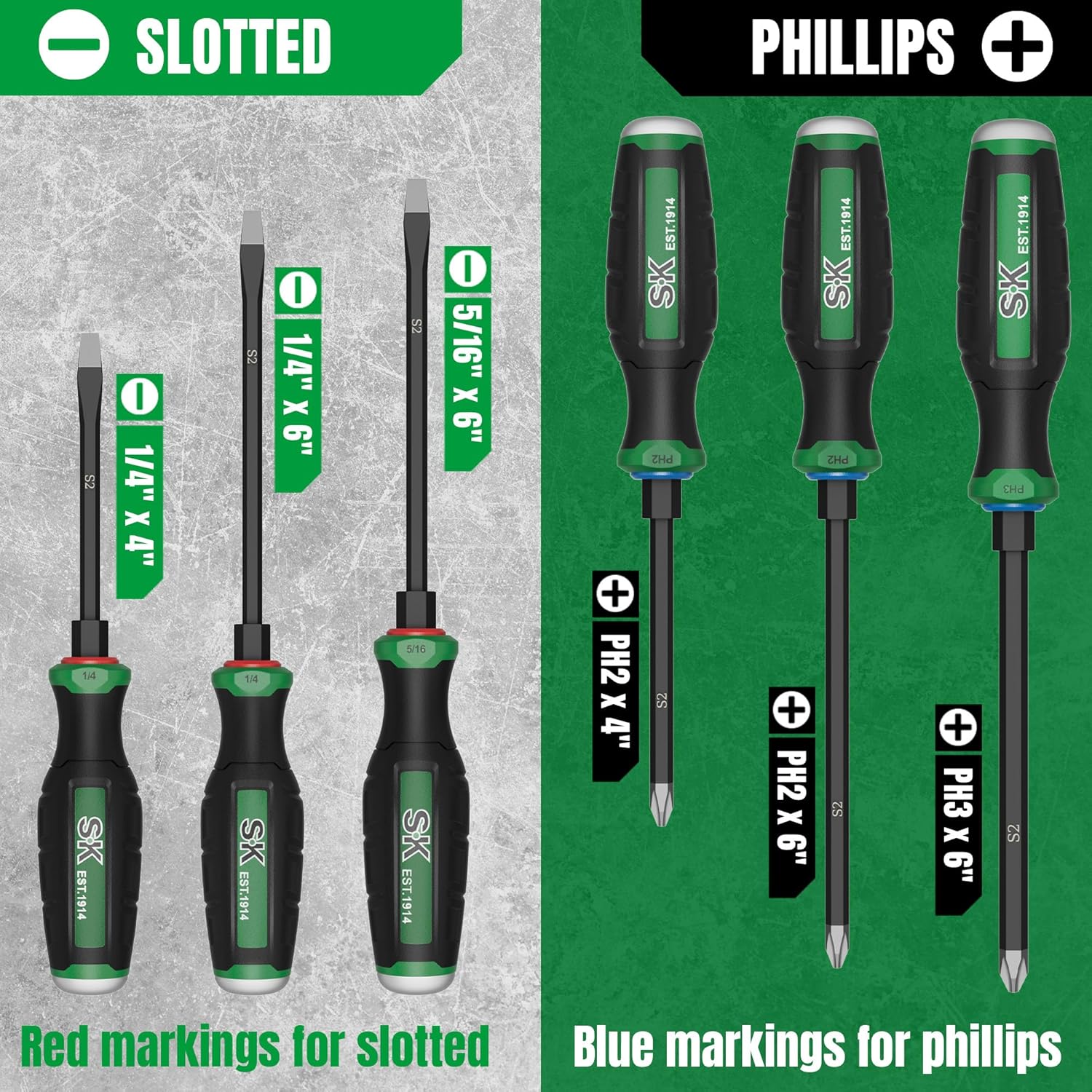 SK 6-Piece Heavy Duty Screwdriver Set, Demolition Driver, Slotted and Phillips, S2 Steel, SureGrip Handle