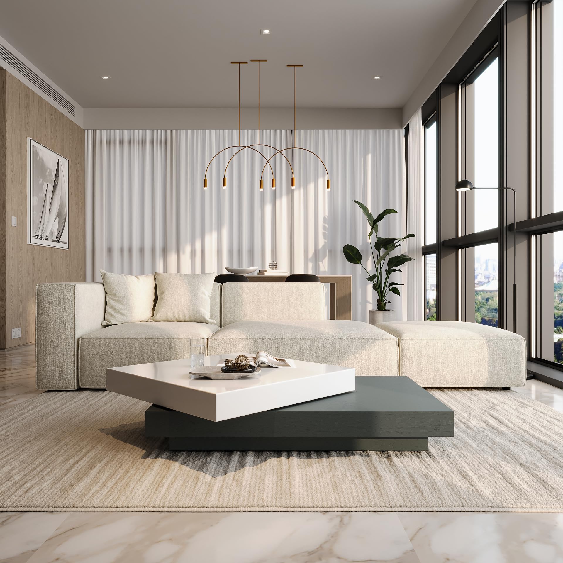 Acanva Modern Minimalist Coffee Table with Rotatable Tabletop, 2-Tier Center Tables for Living Room Apartment, No Assemble Required