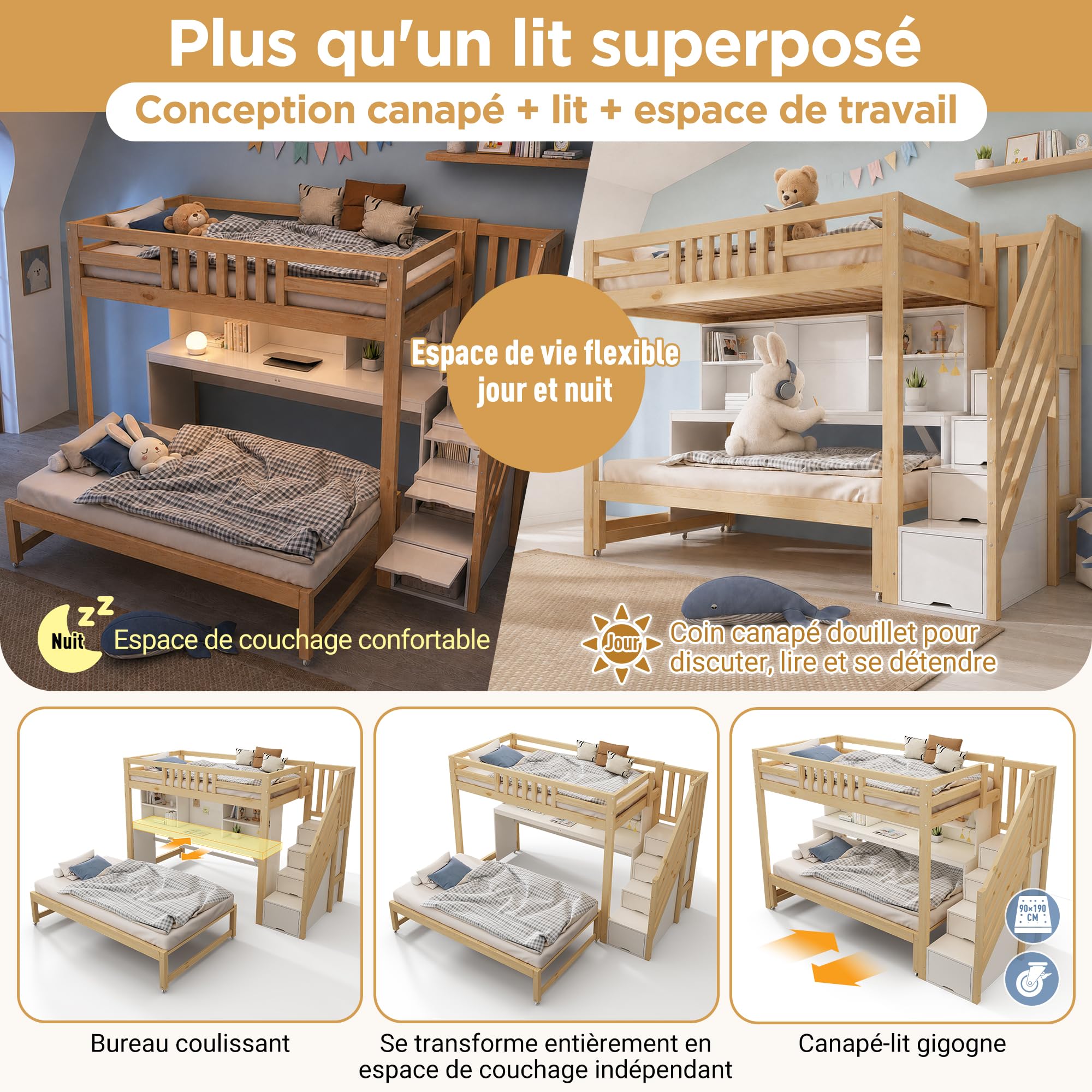 Lit Superposé Enfant 90x190/200cm avec Bureau de Mobile et Lit, Lit Mezzanine 2 Places avec Escalier de Rangement et Étagère Ouvert, Barriere de Sécurité, Sommier à Lattes, sans Matelas (Blanc-12A)