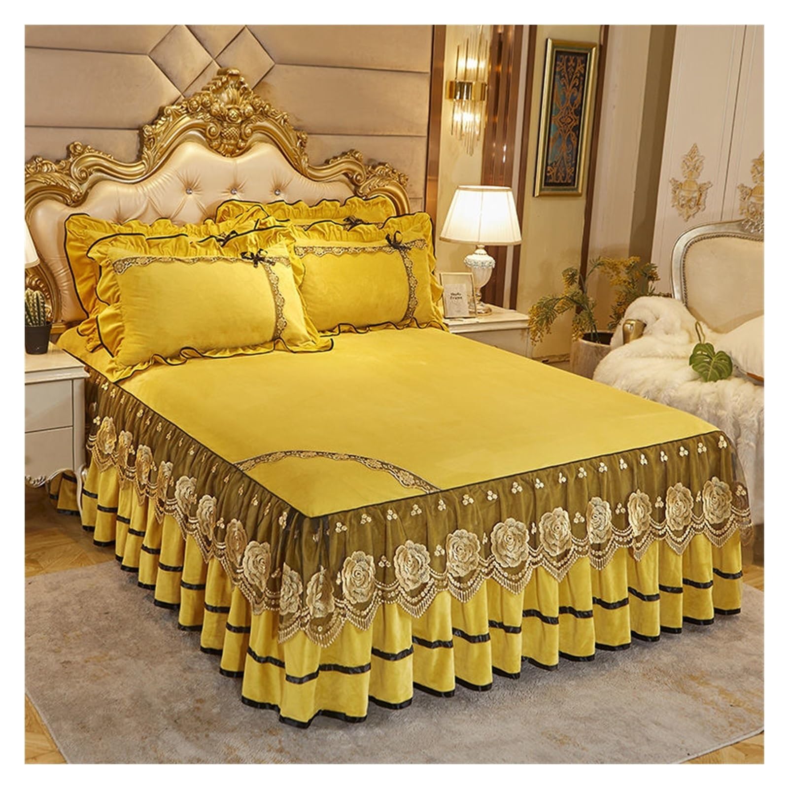 WENYOG Bed skirts Luxury Bedspread On The Bed Wedding Bed Sheet Lace Bed Cover Blanket Fabric King Queen Size Bed Skirt With Pillowcases(Golden,3pcs 120x200cm)