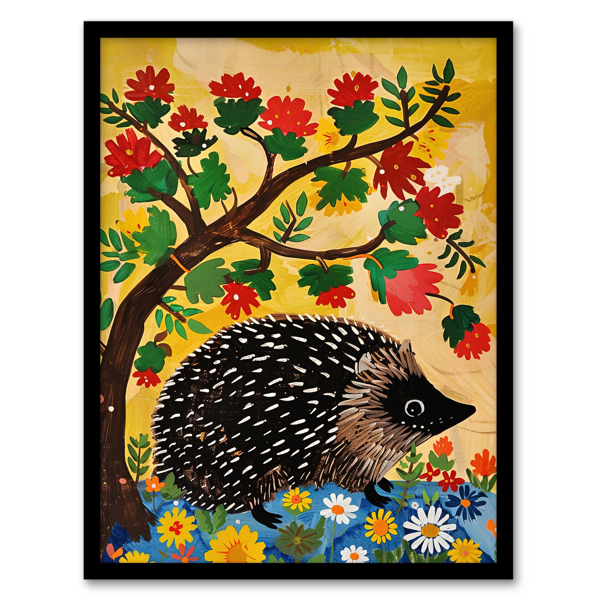 Artery8 Hedgehog Under Tree Flowers Folk Art Framed Print - Yellow - A4