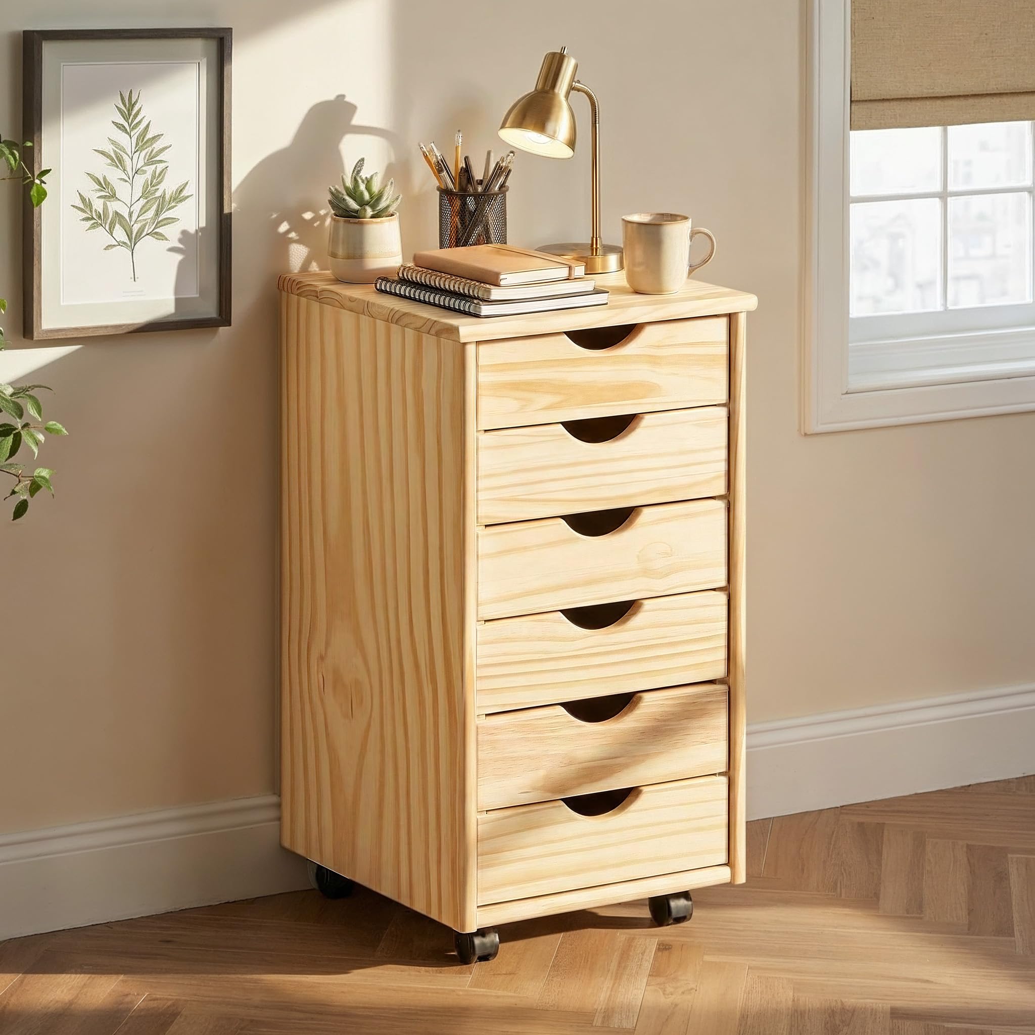 Inter Link - Caisson roulant - Caisson roulant 6 tiroirs - Caisson bureau - Armoire roulante - Chariot à tiroirs - Pin massif - Naturel laqué - LxPxH : 35x39x66 cm - Nils