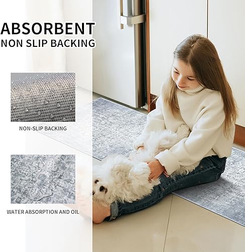 Miniatura 6 de Juego de 3 alfombras de cocina antideslizantes y lavables para piso, juego de 3 piezas de alfombras de cocina bohemias, alfombras de pasillo grises,