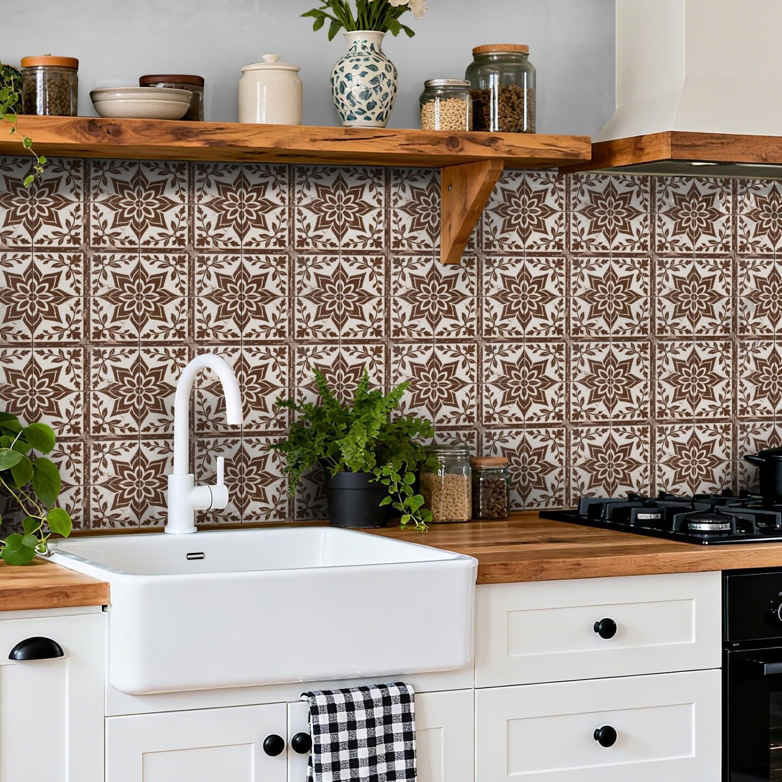 Peel and Stick Wall Tiles Leaf Brown Mandala Tiles Self Adhesive PVC Home Decor Backsplash Kitchen Tile Stickers Waterproof Tile Stickers for Bathroom 20x20cm /24 Pcs