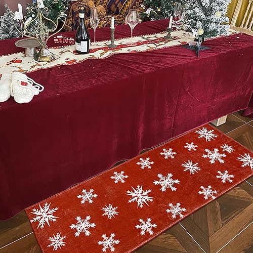 ABREEZE Alfombra de pasillo de Navidad, alfombra de copo de nieve roja, alfombra suave y esponjosa, alfombra antideslizante para decoración del