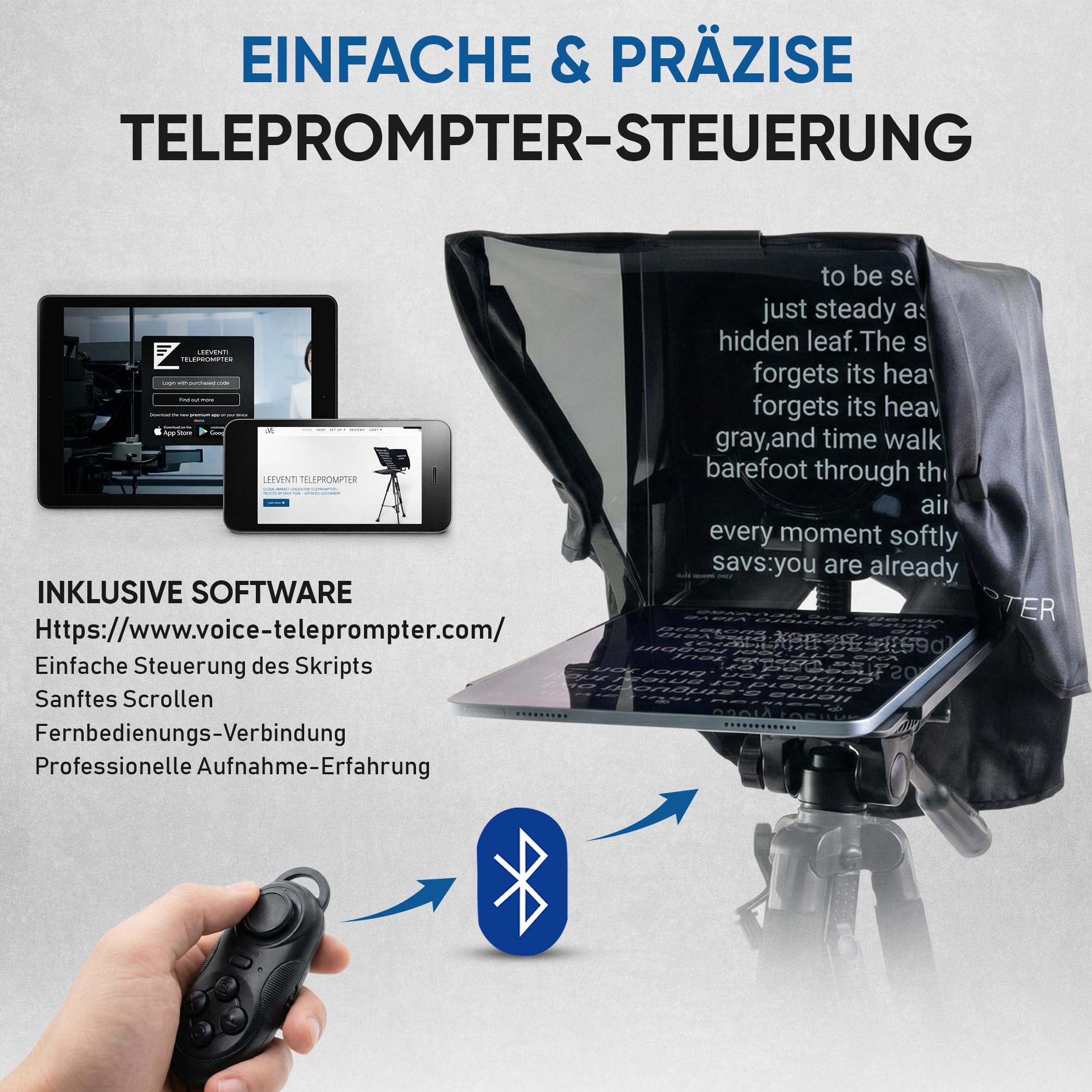 NEO Teleprompter für Kamera, Smartphone & Tablet – Autocue Prompter kompatibel mit DSLR, Webcam & iPad – Teleprompter für YouTube Videos, Vlog, Streaming, Interviews & Präsentationen