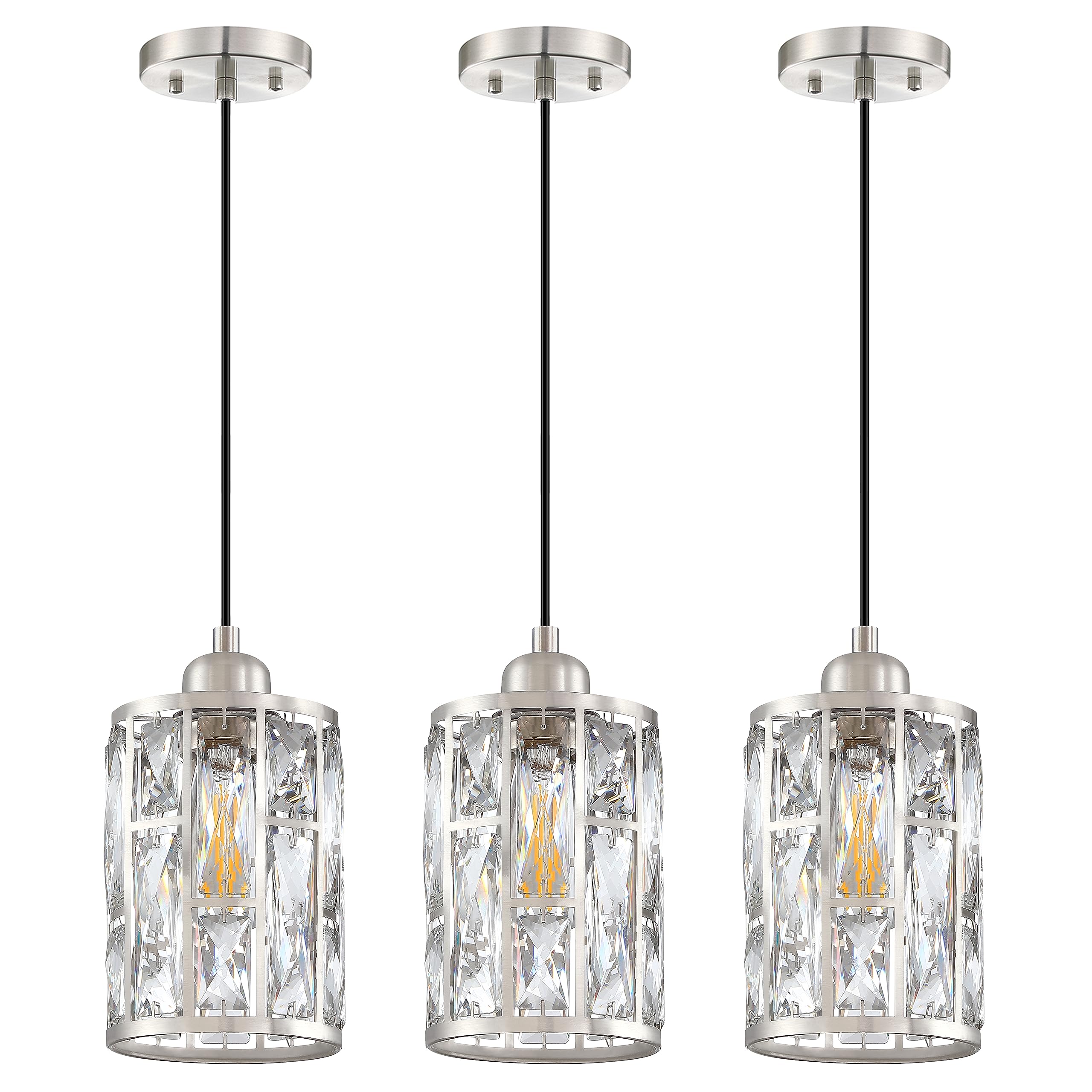 Dolaimi House 3 Pack 1 Light 5.4" Crystal Shade Hanging Kitchen Island Pendant Light Brushed Nickel Finish,Modern Pendant Fixture with Crystal Metal Shade for Bar,Dining Room,Living Room Over Sink