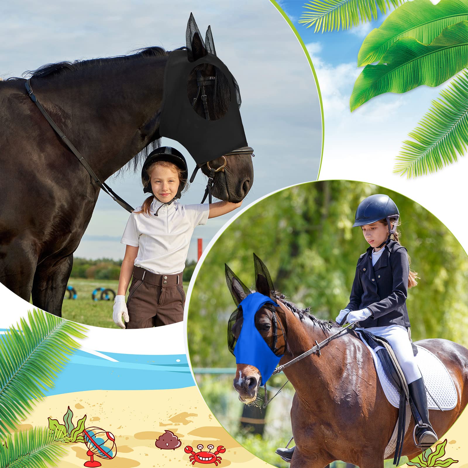 Qualirey 8 pezzi maschera per mosca cavallo confortevole maschera per cavallo con orecchie morbida elasticità antimosche protezione solare per cavallo (grande)