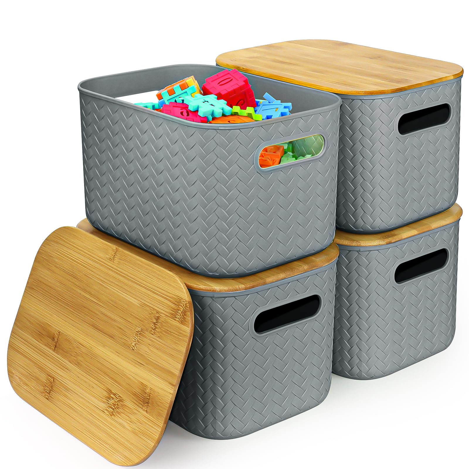 RWFMO 4 Pcs Plastic Storage Baskets with Bamboo Lid, Wicker Style Plastic Storage Boxes with Handle, Organiser Baskets with Lid, Multi-Colour Organiser Bins for Kitchen Bathroom Home Office (Grey)