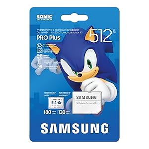 Samsung PRO Plus Sonic The Hedgehog + Adapter, 512GB microSDXC, Up-to 180MB/s, Full HD & 4K UHD, UHS-I, C10, U3, V30, A2, for Nintendo-Switch, Steam Deck, GoPRO, DJI Drone, Tablets (MB-MD512SA/LC1)
