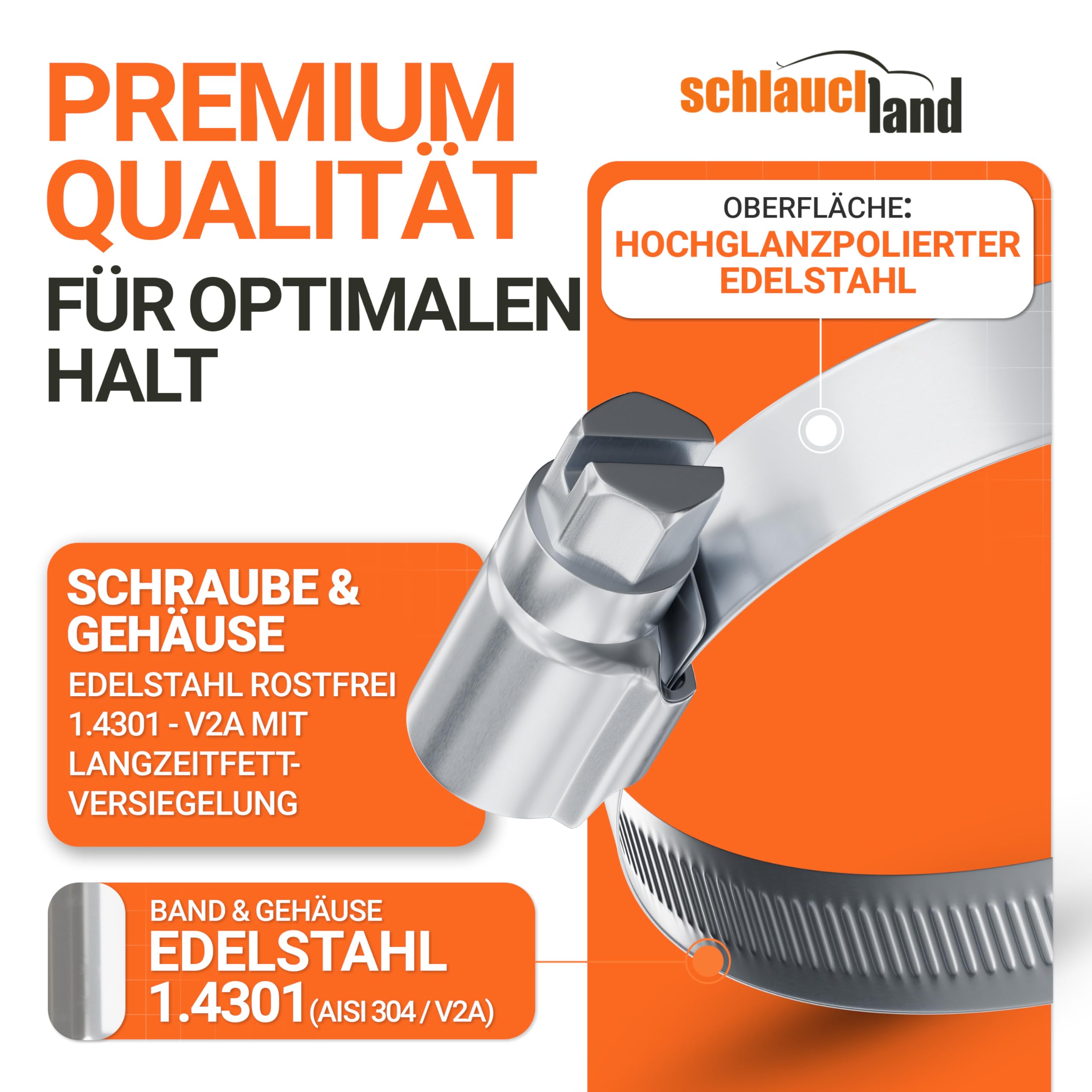 10 Stück SCHLAUCHSCHELLE EDELSTAHL-SCHELLE Ø 220-240mm DIN 3017 W4-QUALITÄT 100% Edelstahl INOX V2A 1.4301 | GRÖSSEN 12-260mm & 1/10/20/50/100er Pack | 12mm Schnecken-Gewinde Schlauch-Klemme TOP