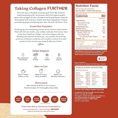 Miniatura 2 de Further Food Paquetes de péptidos de colágeno de chocolate en polvo, proteína hidrolizada tipo 1 y 3 criada en pastos alimentados con pasto, salud