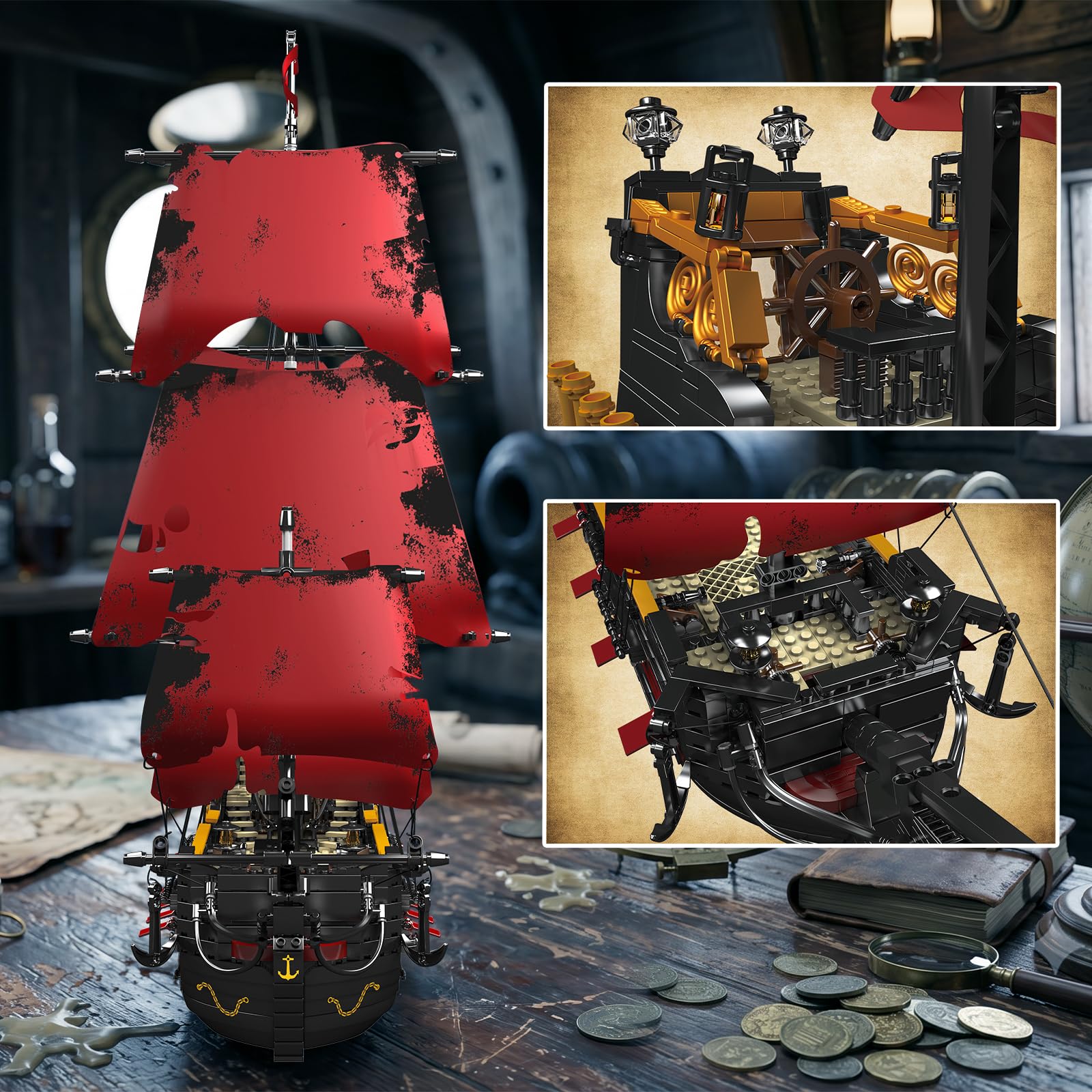 Mould King 13109 Technik Segelboot Modell,The Queen Annes Revenge Großes Rotes Piratenschiff Clamping Blocks Kit 3139 Teile Groß MOC Technologie Königin Annes Rache Klemmbausteine Bausatz