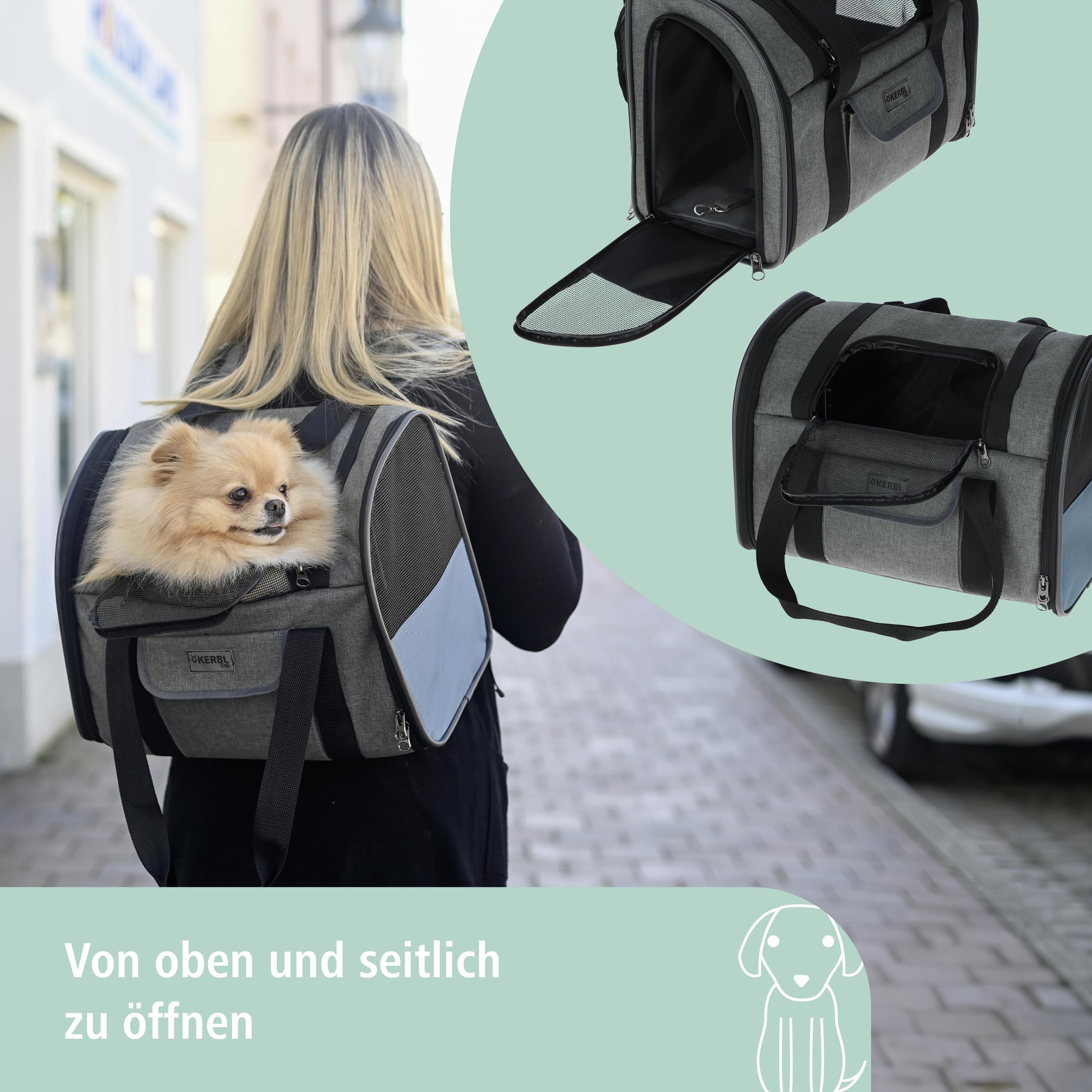 Kerbl Pet Hunderucksack Vacation, Hundetasche, Hundetransport, grau, blau, 43x24x30cm, Oxfordgewebe, kleine Hunde, Katzen, robust, schmutzabweisend