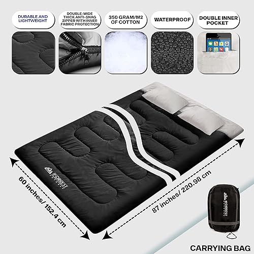 Miniatura 3 de Saco de dormir doble para adultos, para 2 personas, clima frío (3-4 estaciones), cama de campamento, extra ancho y cálido, tamaño Queen XL